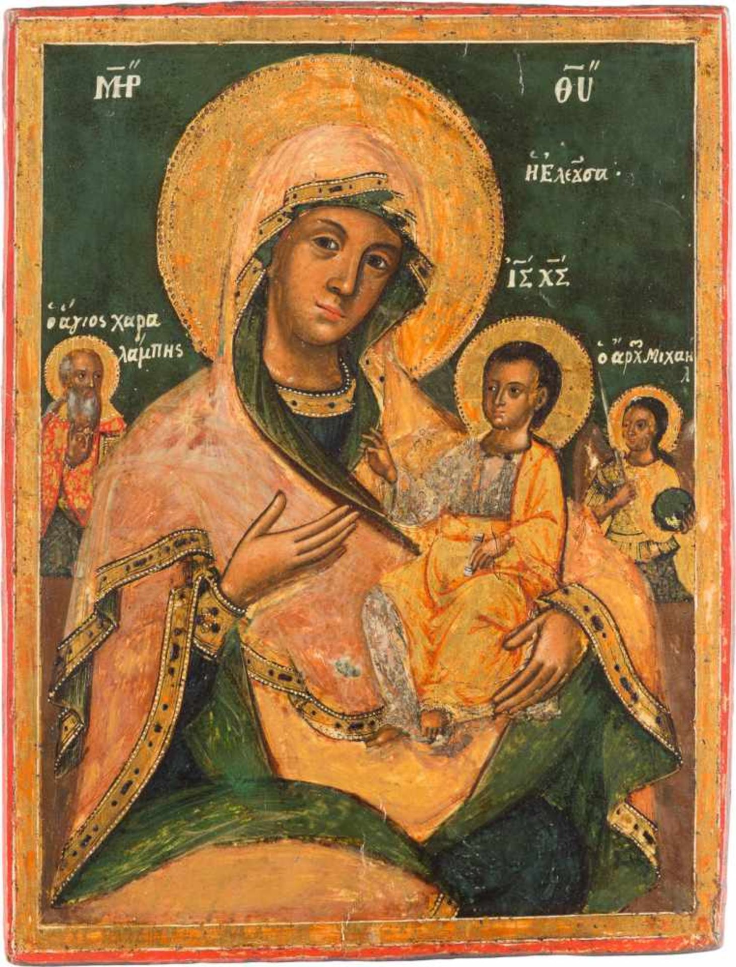 AN ICON SHOWING THE HODIGITRIA MOTHER OF GOD AND ST. CHARALAMPOS AND THE ARCHANGEL MICHAEL