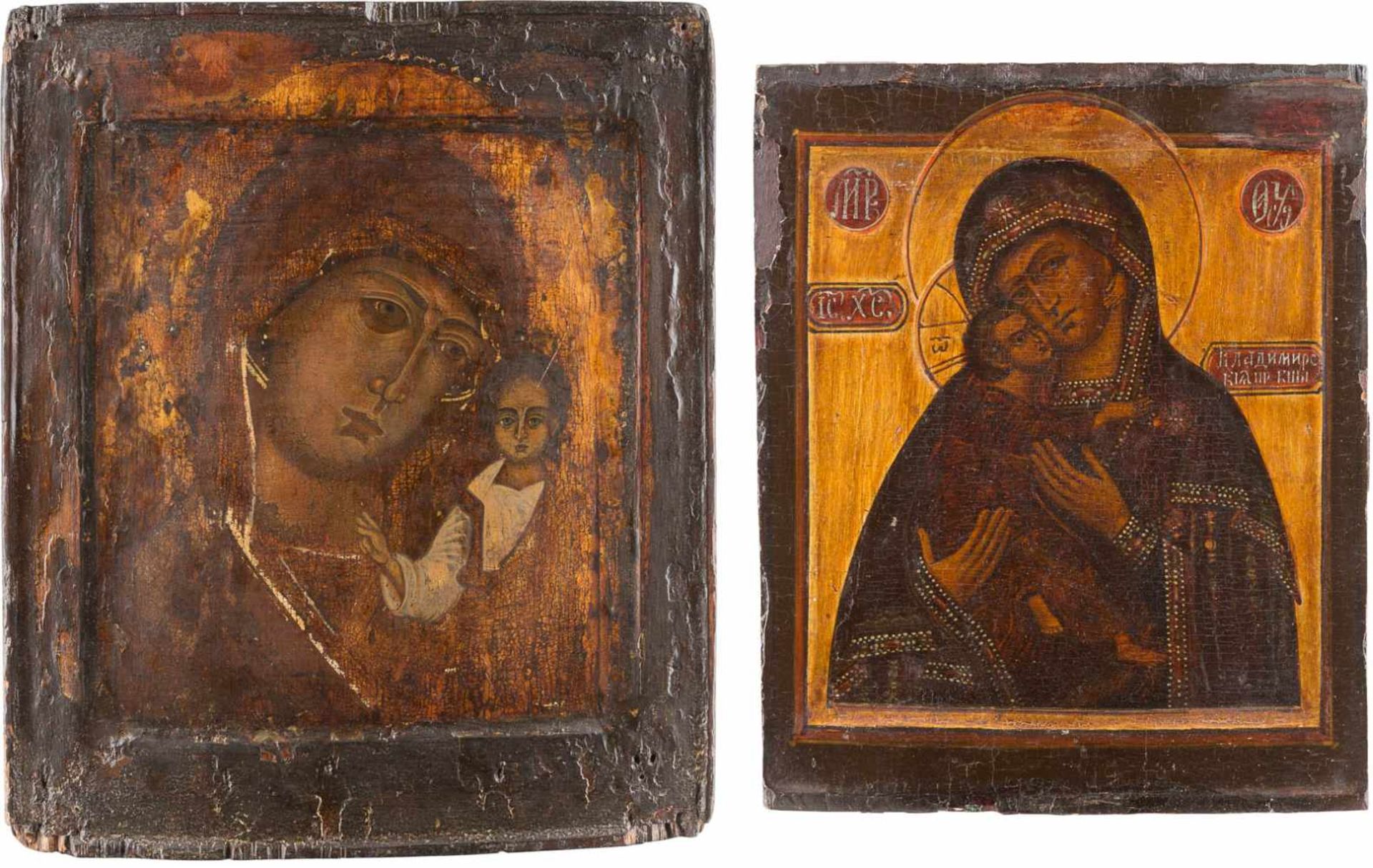 TWO ICONS SHOWING IMAGES OF THE MOTHER OF GOD: VLADIMIRSKAYA AND KAZANSKAYA