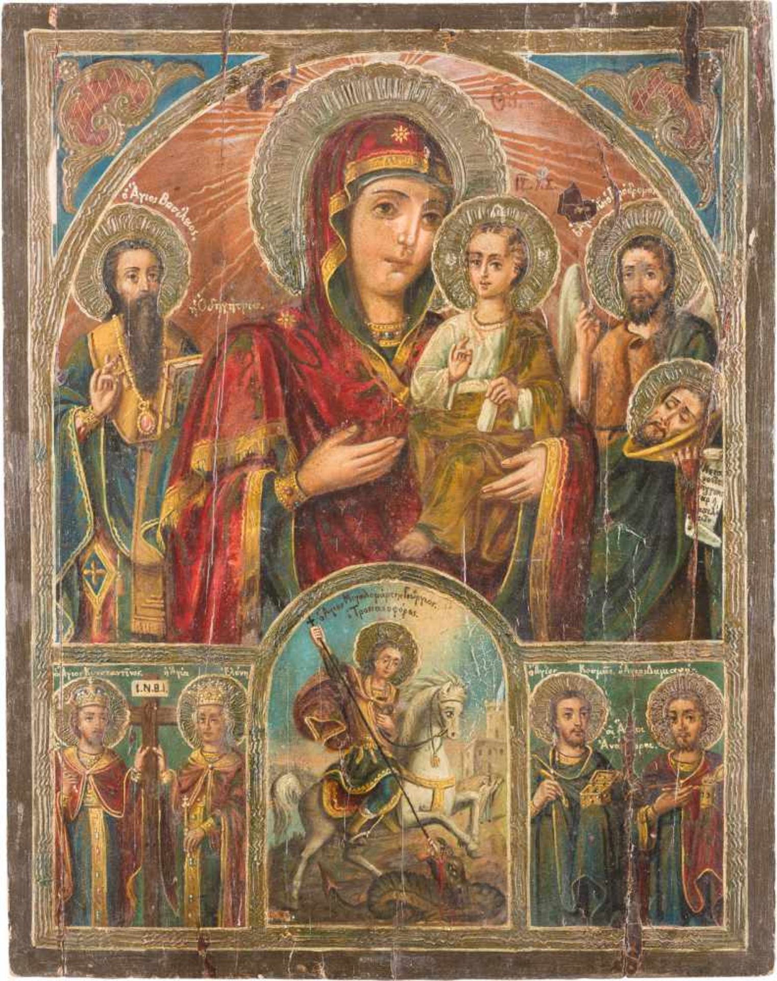 TWO LARGE ICONS: AN ICON SHOWING THE HODIGITRIA MOTHER OF GOD WITH SELECTED SAINTS AND A - Bild 2 aus 3