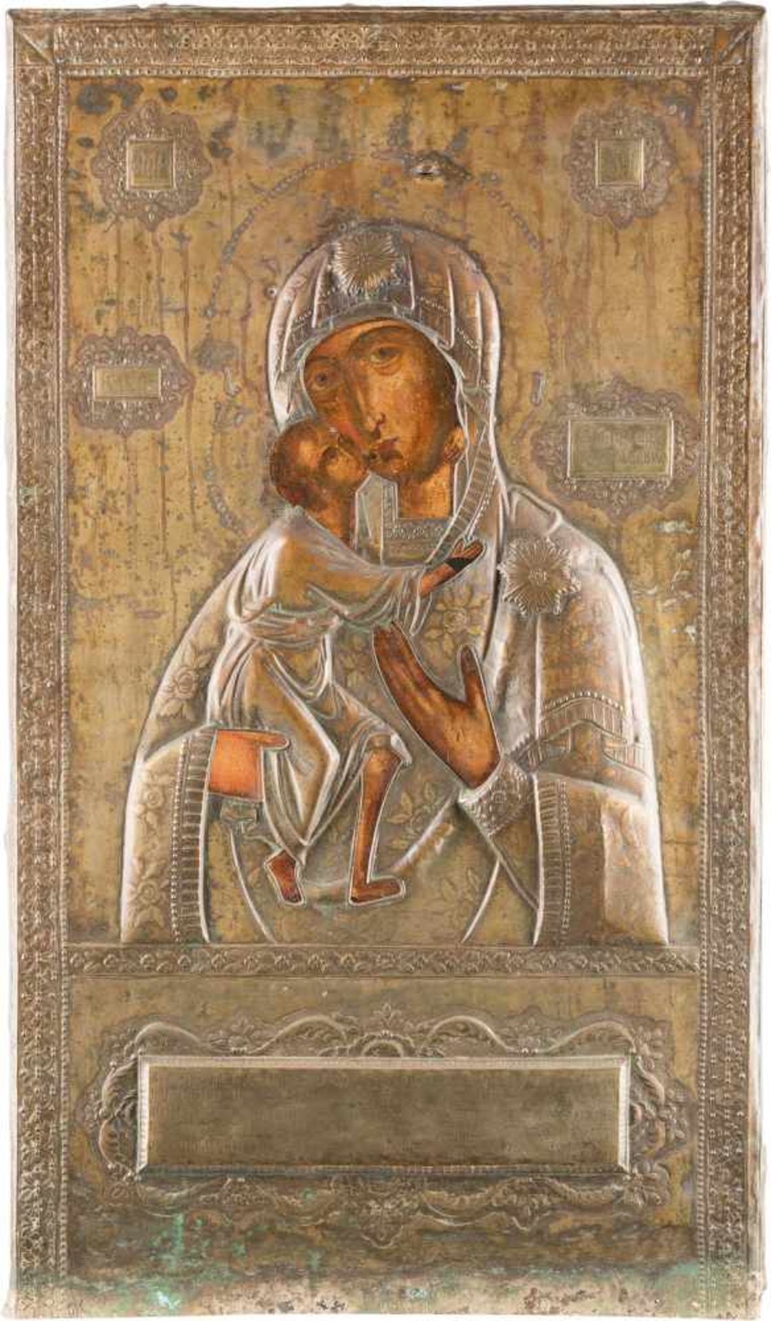 A MONUMENTAL ICON SHOWING THE FEODOROVSKAYA MOTHER OF GOD WITH OKLAD