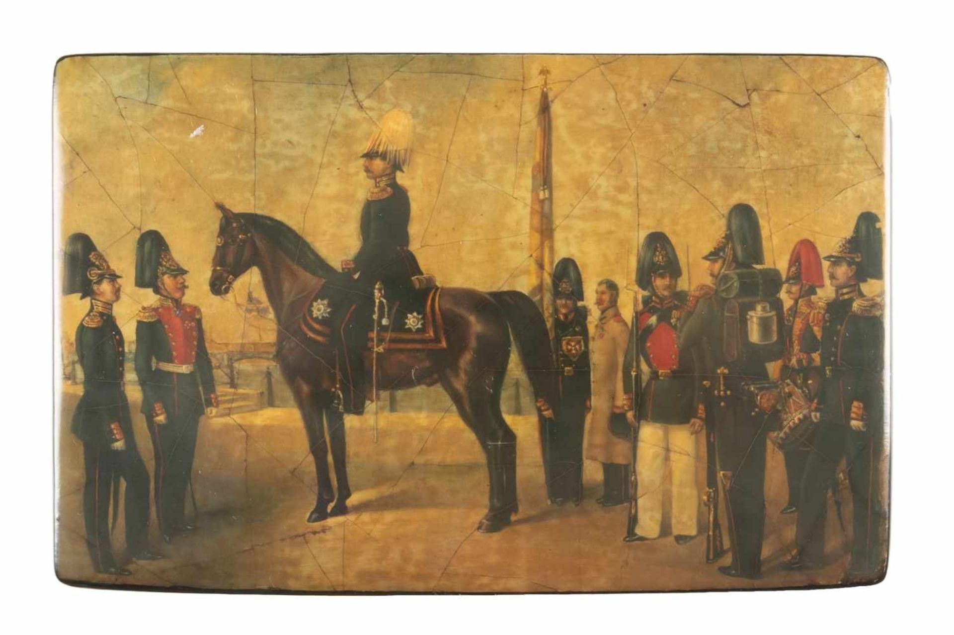 A PAPIERMACHÉ AND LACQUER BOX SHOWING A MILITARY SCENE<