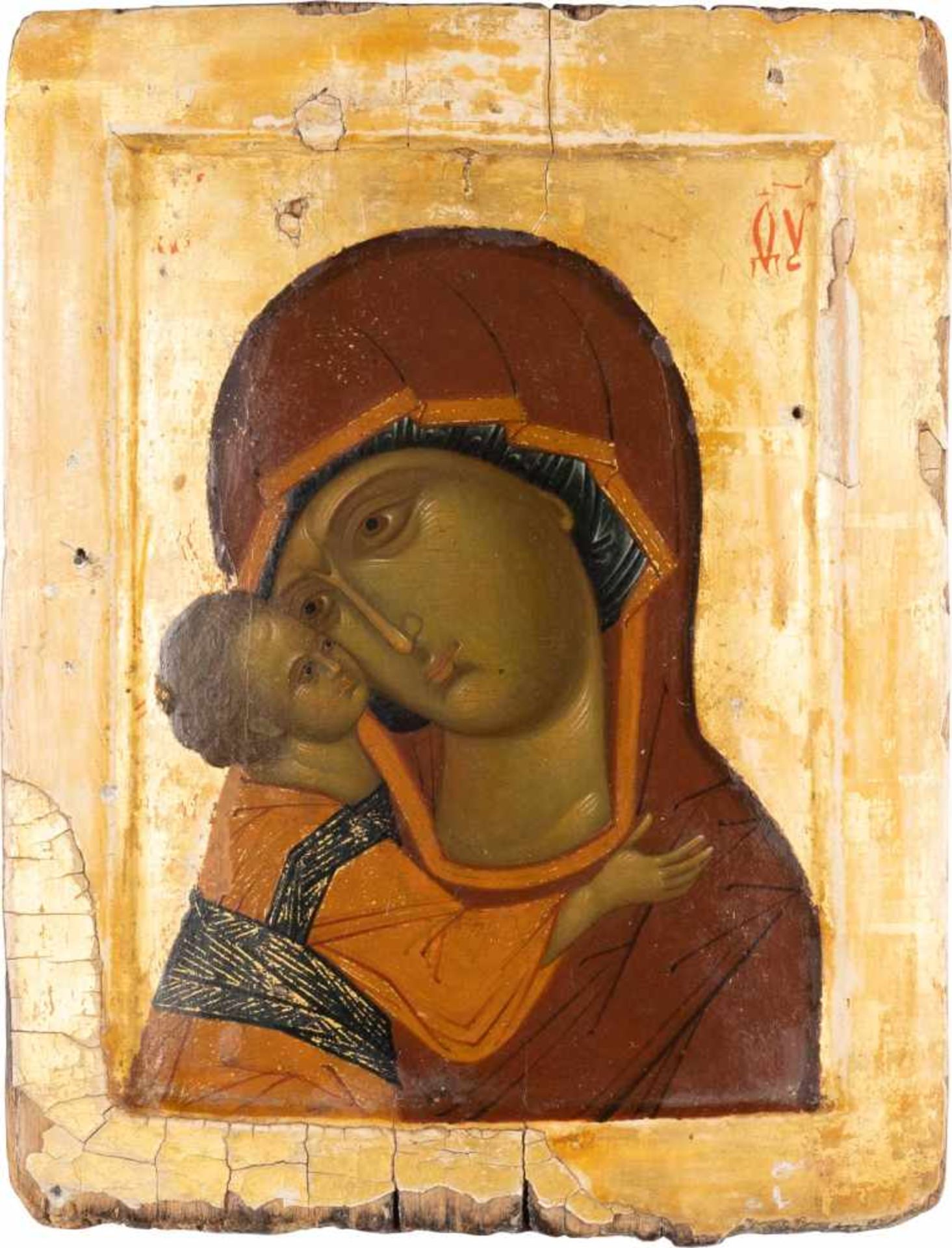 A SMALL ICON SHOWING THE MOTHER OF GOD UMILENIE WITH CLOISONNÉ ENAMEL HALOES< - Bild 2 aus 2