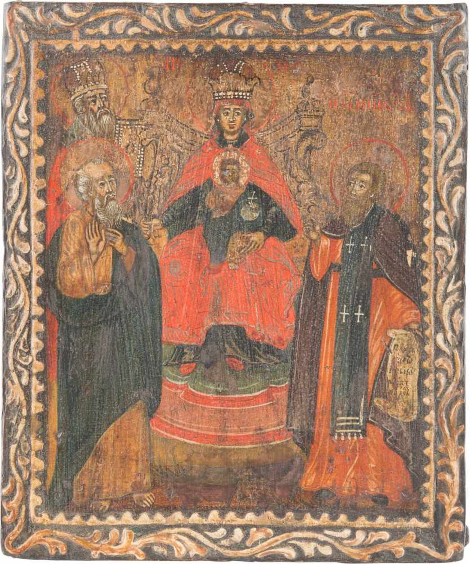 AN ICON SHOWING THE ENTHRONED MOTHER OF GOD AND SELECTED SAINTS