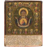 A RARE ICON SHOWING THE MOTHER OF GOD OF THE SIGN WITH SELECTED SAINTS