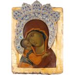 A SMALL ICON SHOWING THE MOTHER OF GOD UMILENIE WITH CLOISONNÉ ENAMEL HALOES<