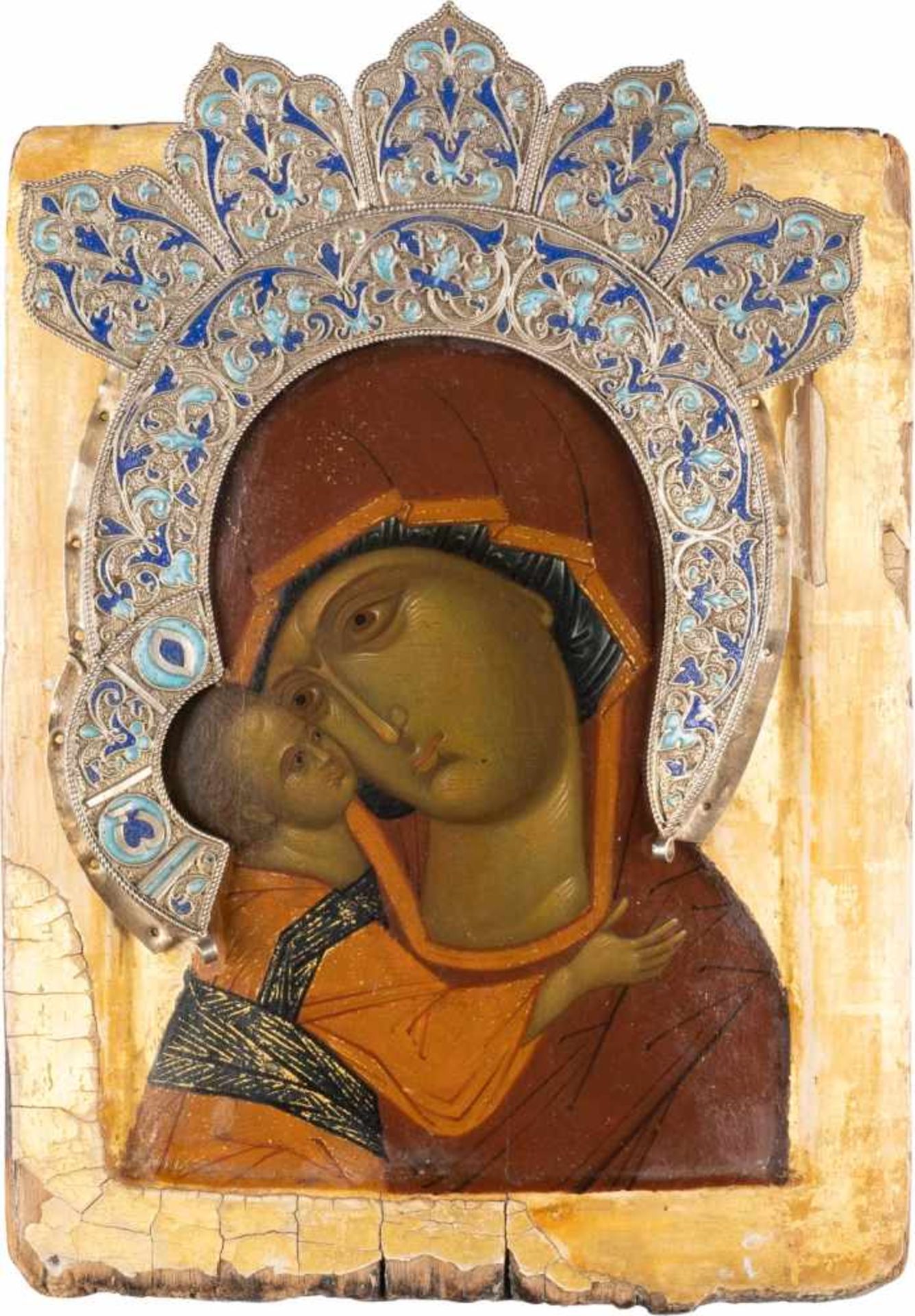 A SMALL ICON SHOWING THE MOTHER OF GOD UMILENIE WITH CLOISONNÉ ENAMEL HALOES<