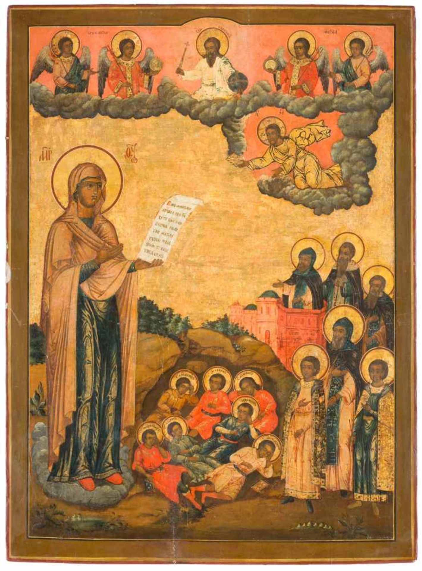 A MONUMENTAL ICON SHOWING THE BOGOLUBSKAYA MOTHER OF GOD AND THE SEVEN SLEEPERS OF EPHESOS