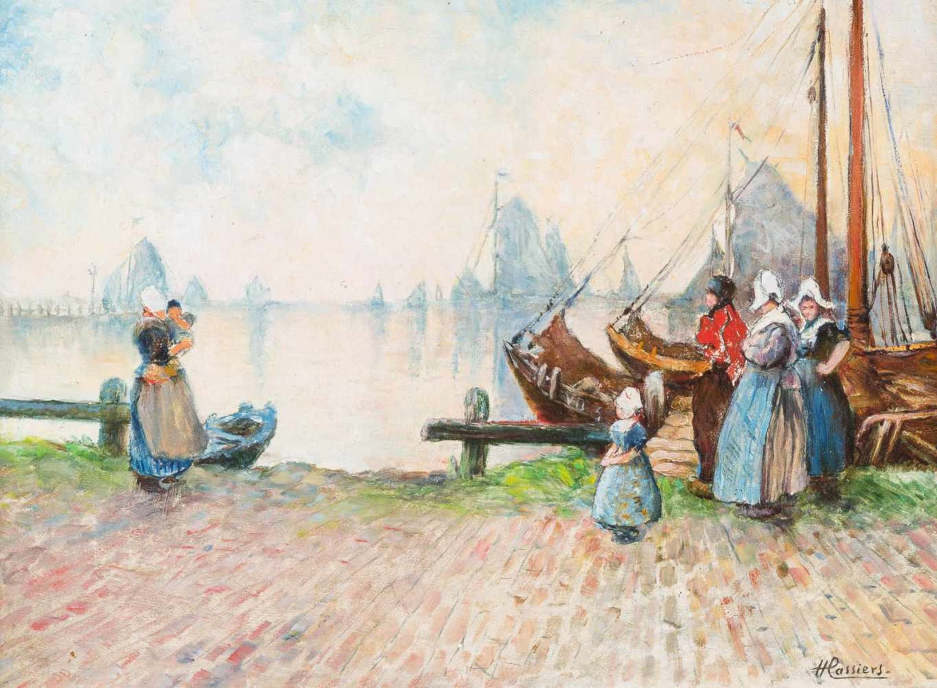 HENRI CASSIERS1858 Antwerpen - 1944 IxellesAM HAFEN VON VOLENDAM Öl auf Holzplatte. 24 x 31 cm (R.