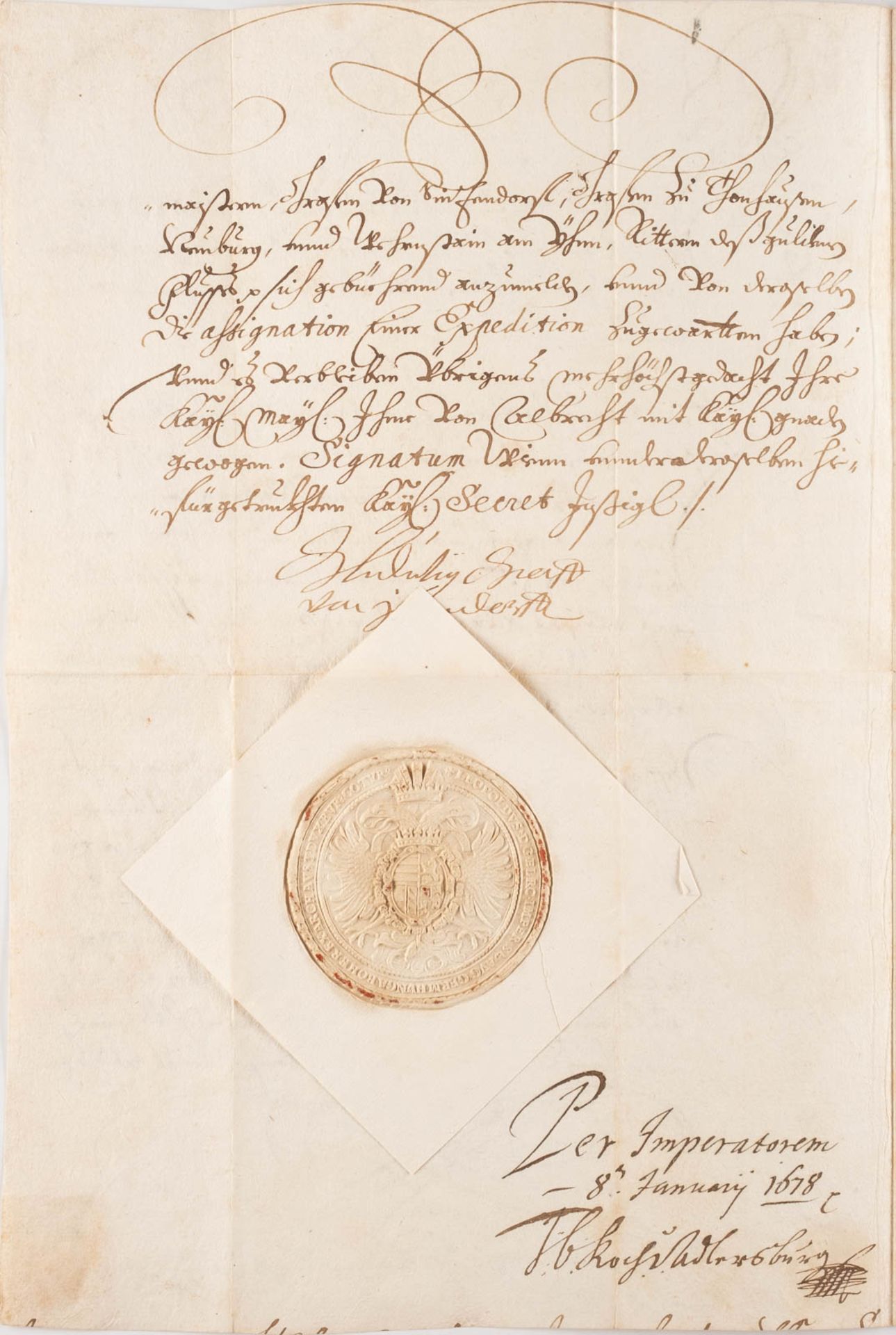 AUTOGRAPH IM NAMEN KAISER LEOPOLD I. Dat. 8. Januar 1678 Tinte auf Papier; mehrfach gefaltet; mit - Image 2 of 3