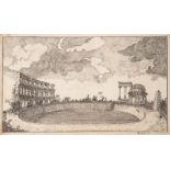 NAUMANNTätig im 18. Jh.ARCHITEKTUR-CAPRICCIO Tuschfeder auf chamoisfarbenem Bütten. 12,5 x 21 cm.