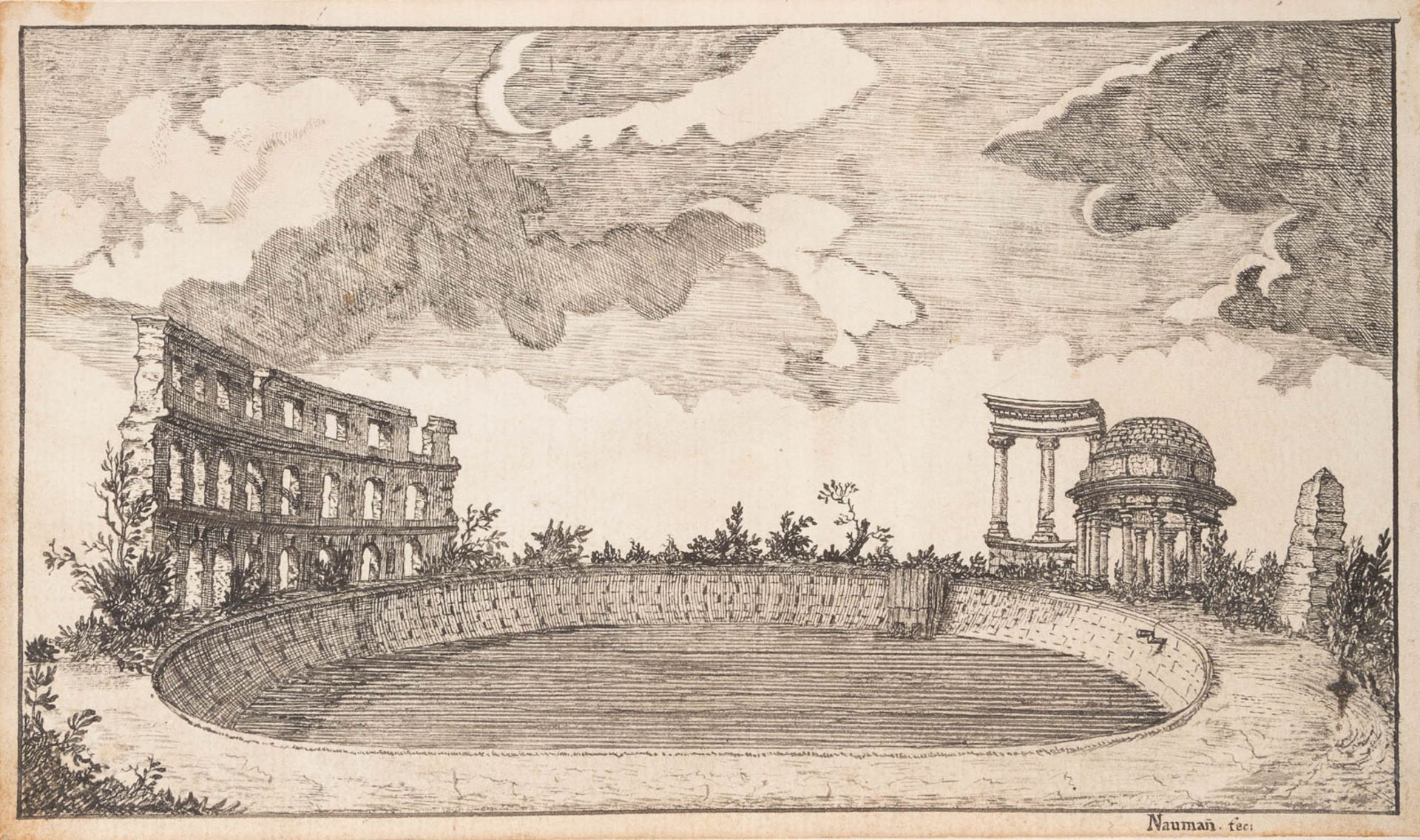 NAUMANNTätig im 18. Jh.ARCHITEKTUR-CAPRICCIO Tuschfeder auf chamoisfarbenem Bütten. 12,5 x 21 cm.