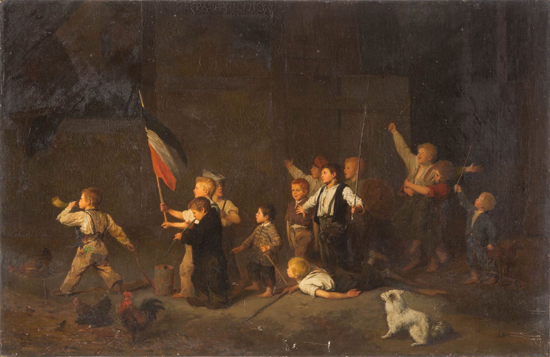 DÜSSELDORFER SCHULEMitte 19. Jh.Kinder spielen Revolution Öl auf Leinwand (maroufl.). 69 x 107 cm.