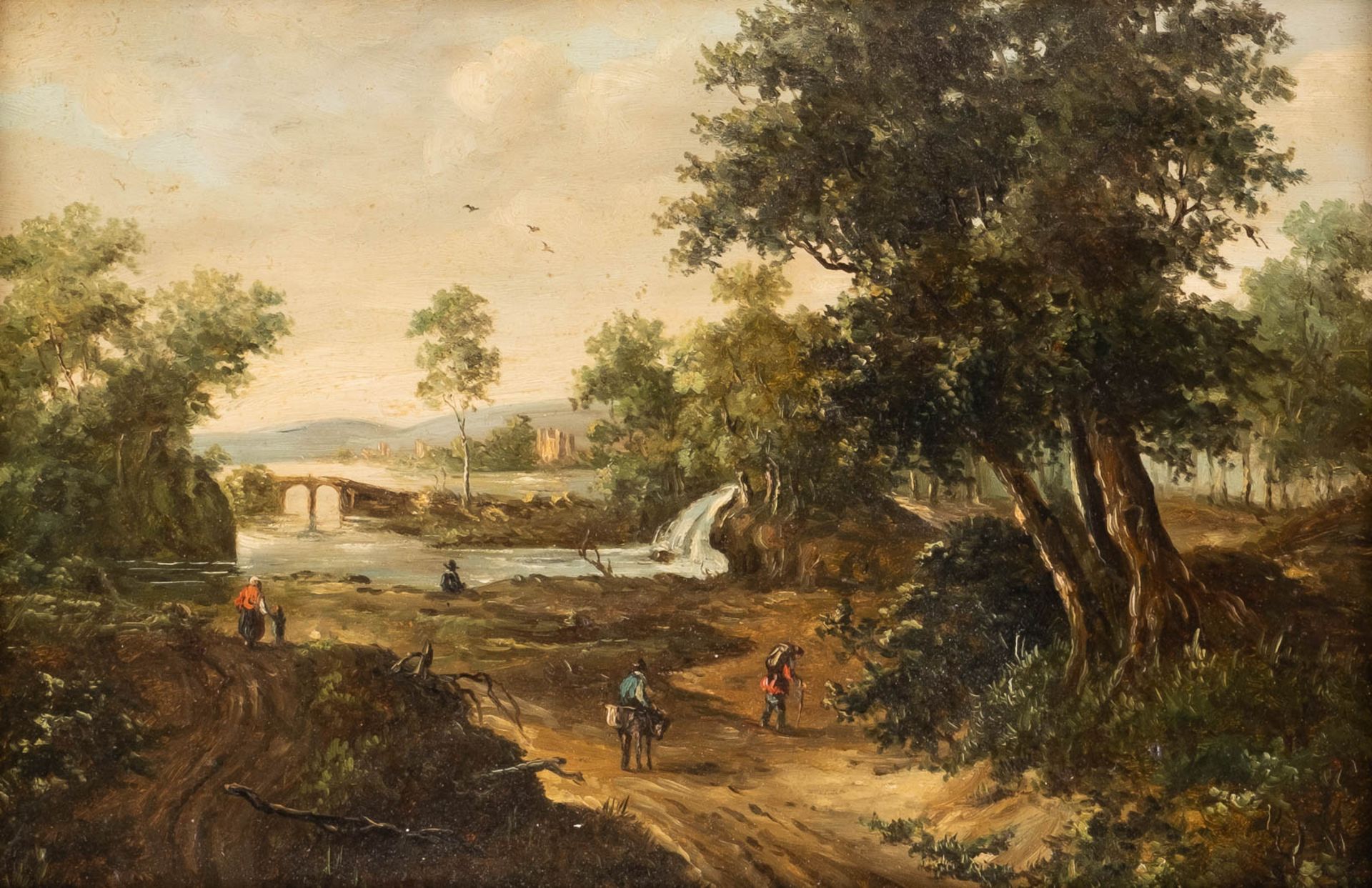 FLÄMISCH1. H. 19. Jh.Landschaft mit Figurenstaffage Öl auf Holz. 22,5 x 33,5 cm (R. 37 x 49 cm).