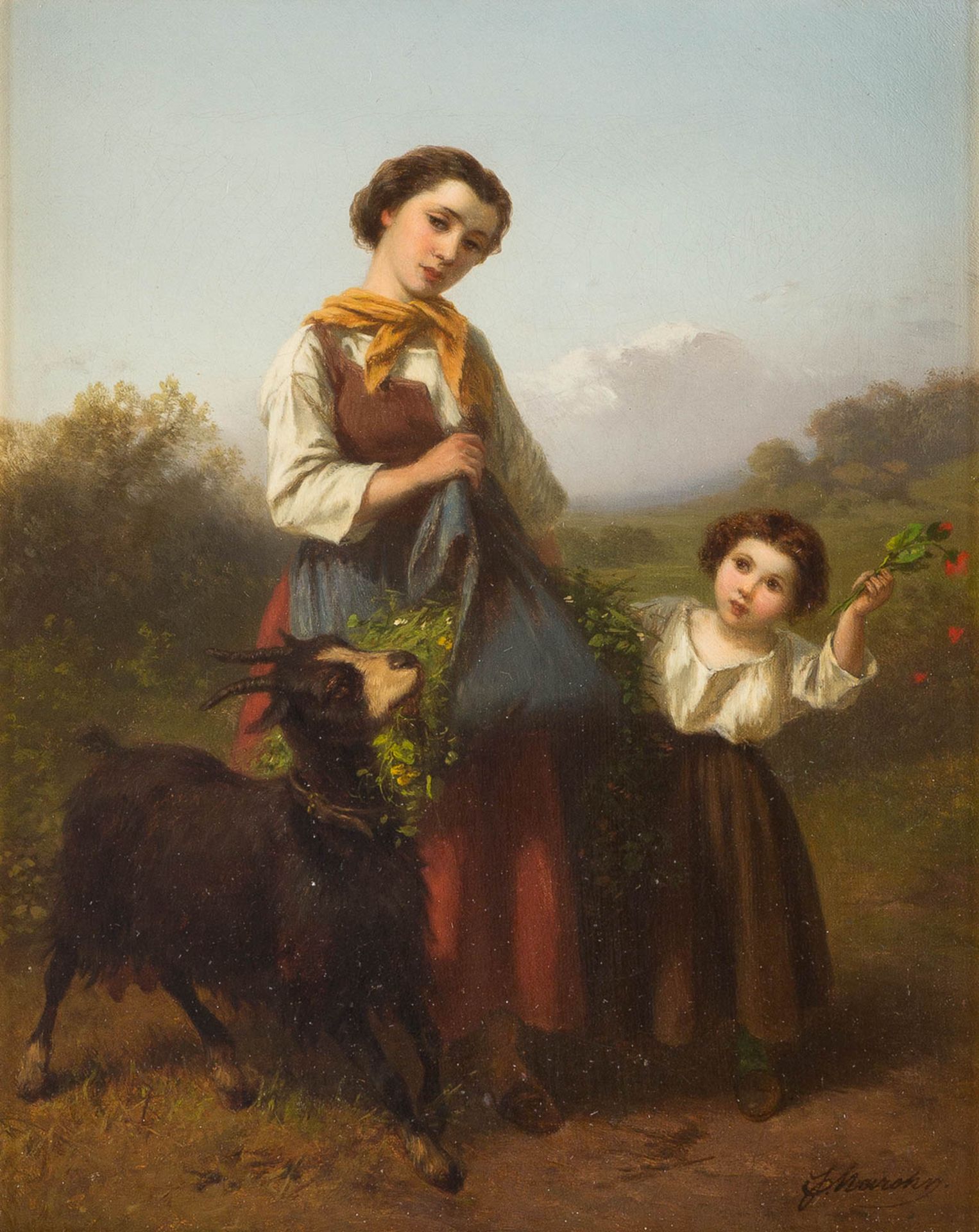FERDINAND MAROHNTätig c.1839 - c.1865Junge Hirtin mit Kind Öl auf Leinwand (doubl.). 27,5 x 22 cm (