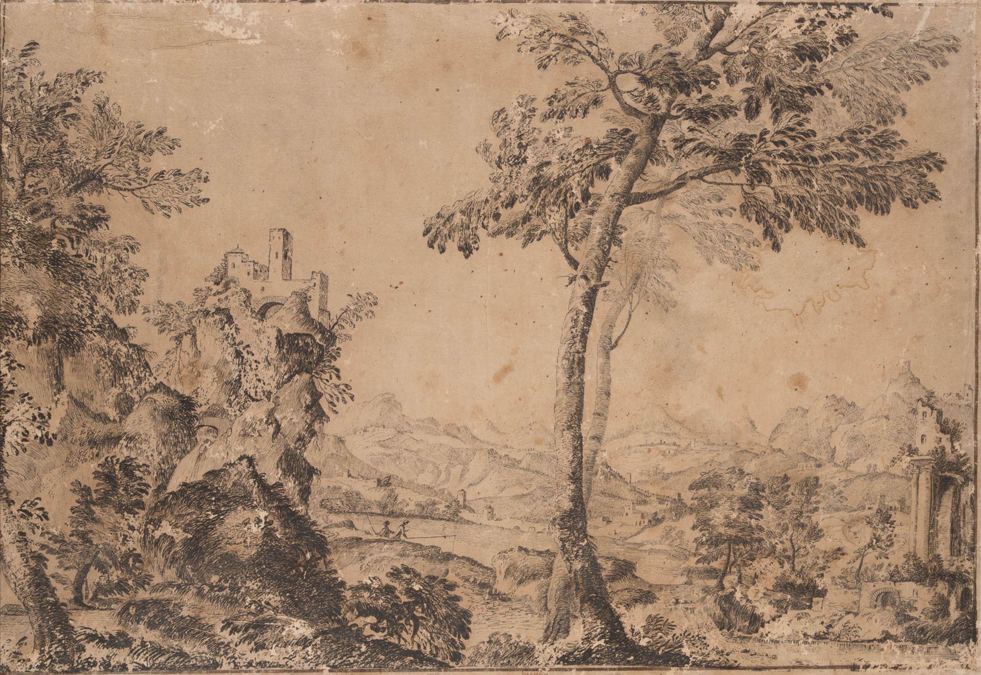 DEUTSCHER MEISTERTätig im 18. Jh.LANDSCHAFT MIT BURG UND FIGURENSTAFFAGE Tuschfeder auf Papier,