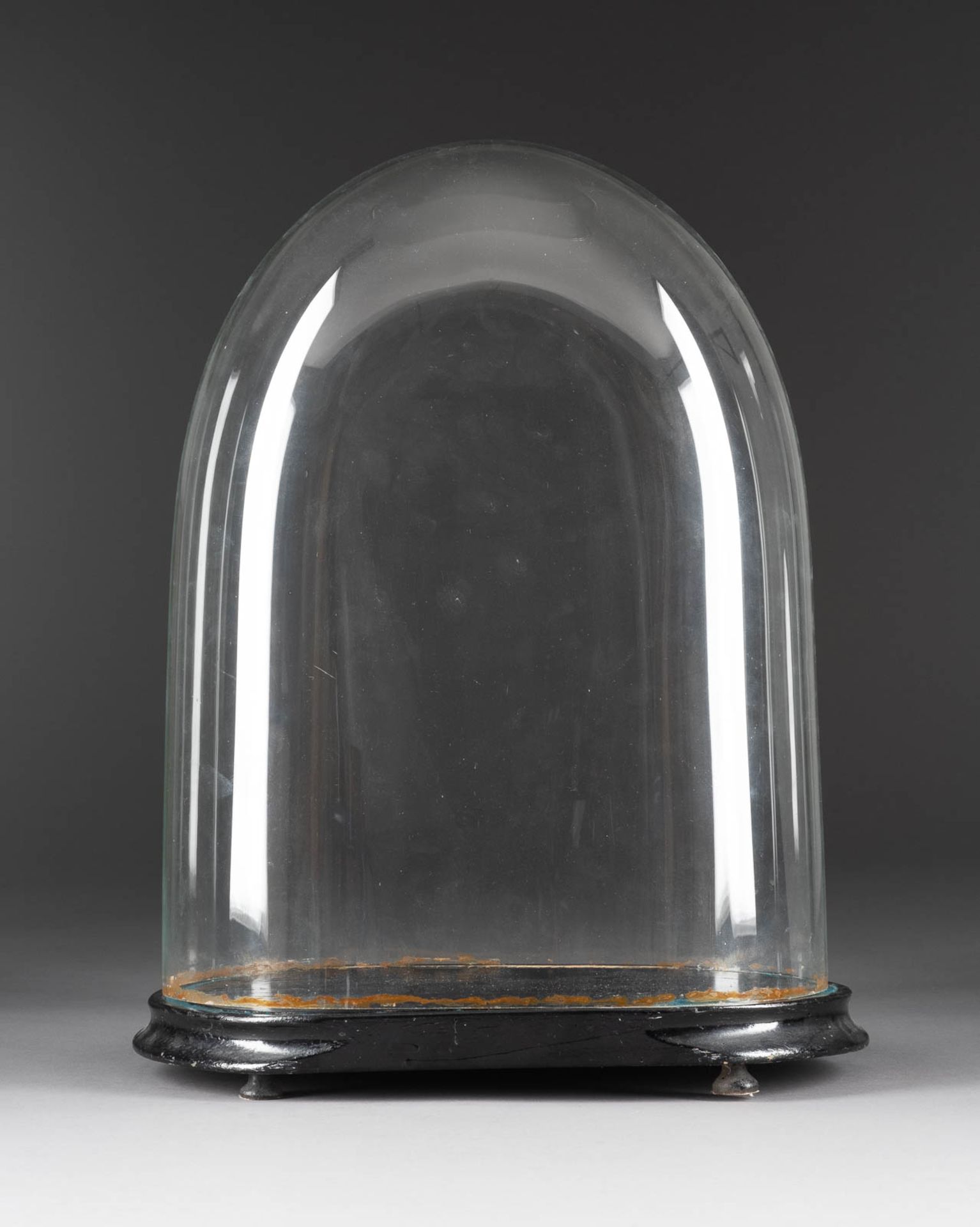 GLASSTURZ MIT SOCKEL um 1900 Schwarz lackiertes Holz, Glas. H. 47 cm. Altersgemäßer Zustand, mit