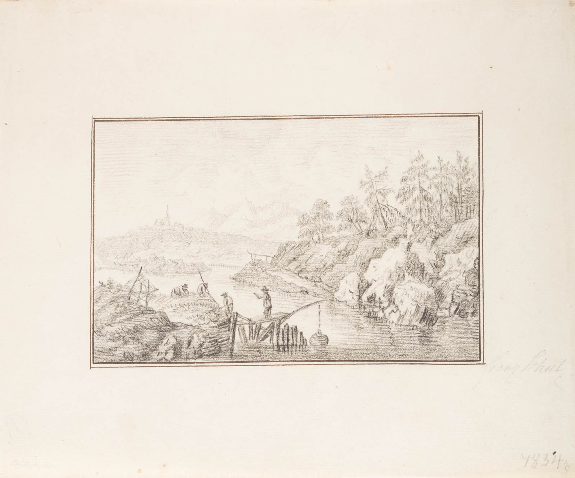 FRANZ SCHÜTZ (ATTR.)1751 Frankfurt/M. - 1781 GenfFLUSSLANDSCHAFT MIT FIGURENSTAFFAGE Bleistift auf