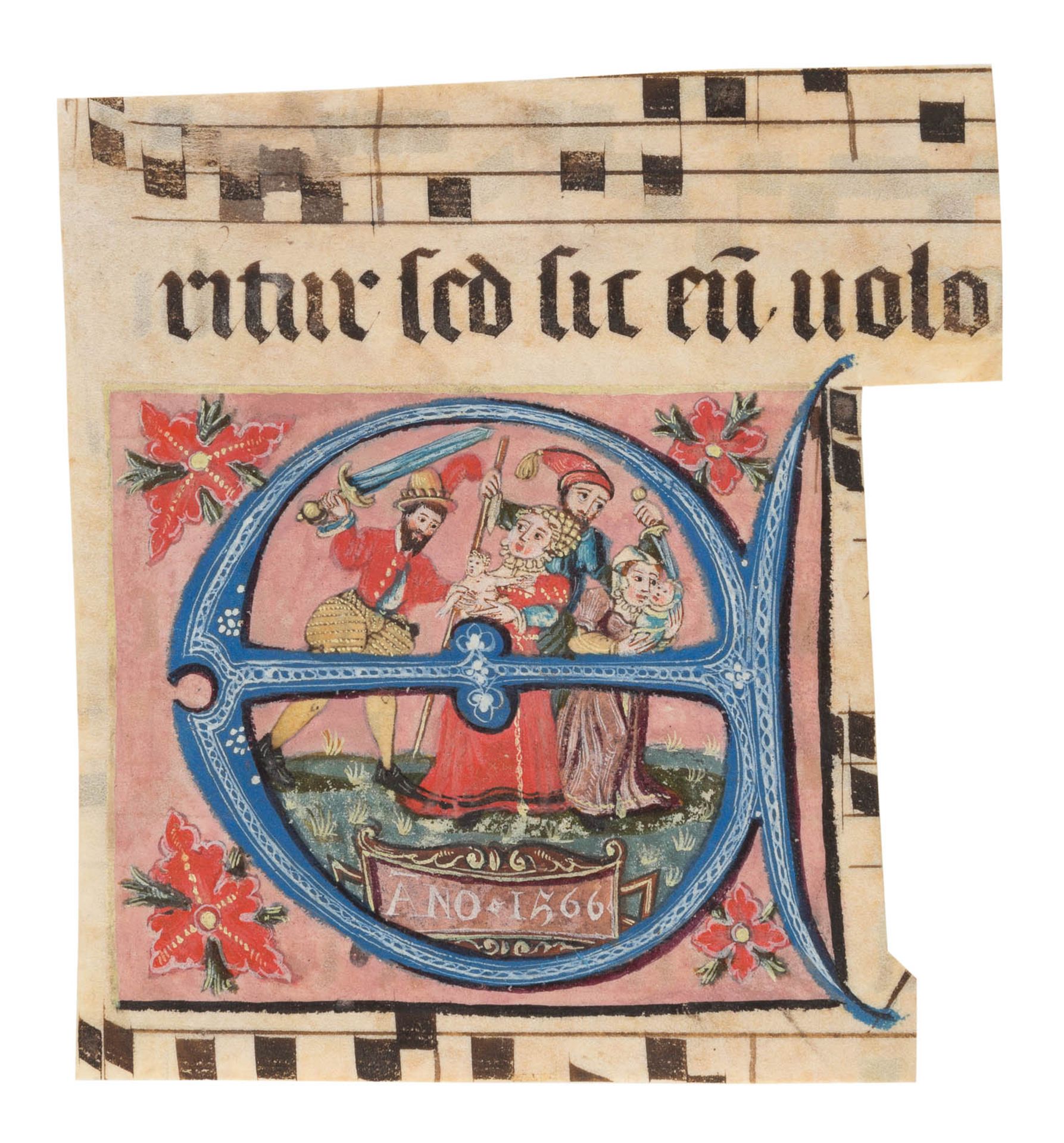 GRADUALEFRAGMENT MIT BILDINITIALE Deutsch, dat. '1566' Polychrome Malerei und Tusche auf