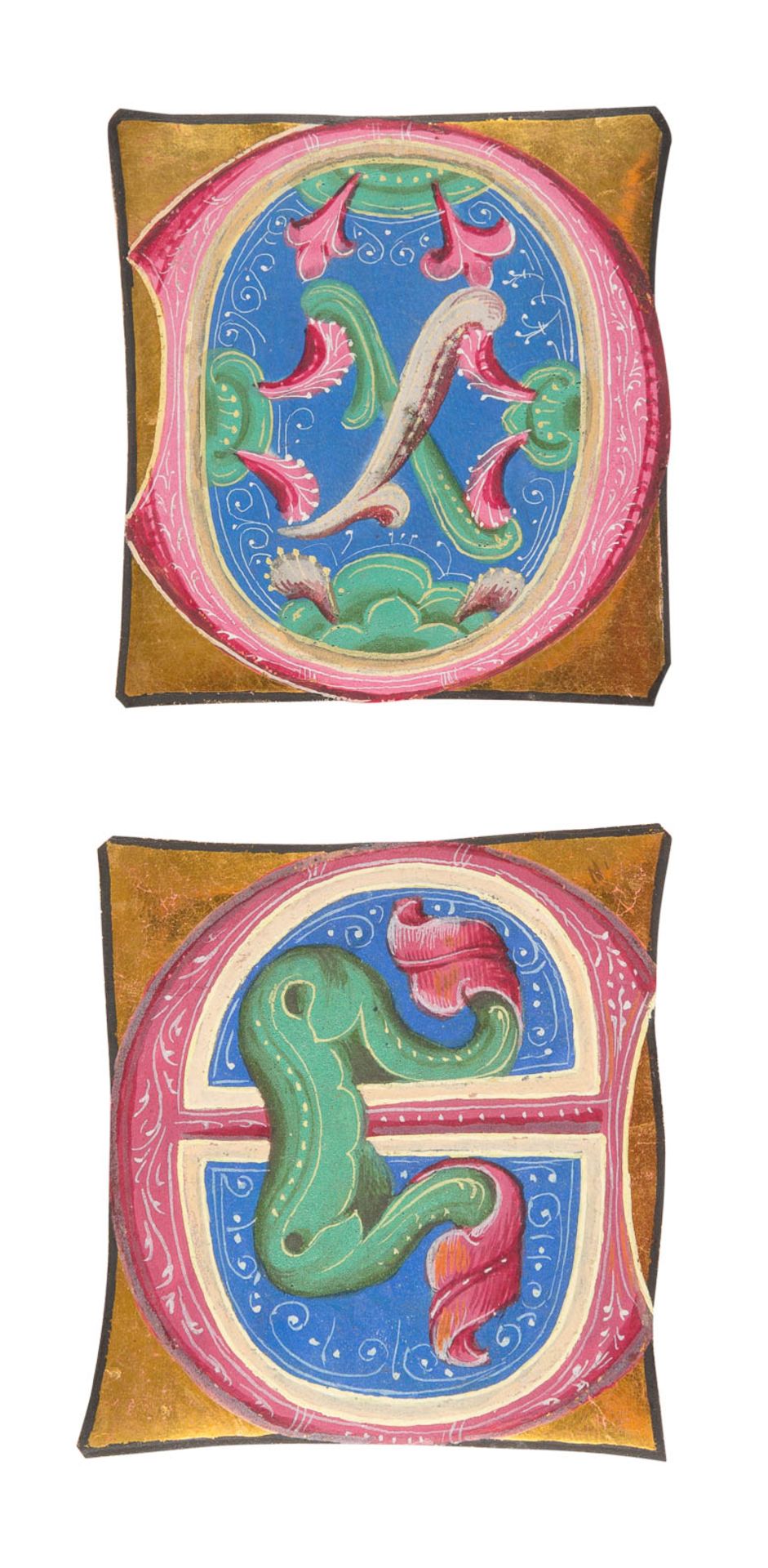 ZWEI ORNAMENT-INITIALEN 15. Jh. Polychrome Malerei und Goldgrund auf Pergament. 7 x 6 cm / 7 x 7 cm.