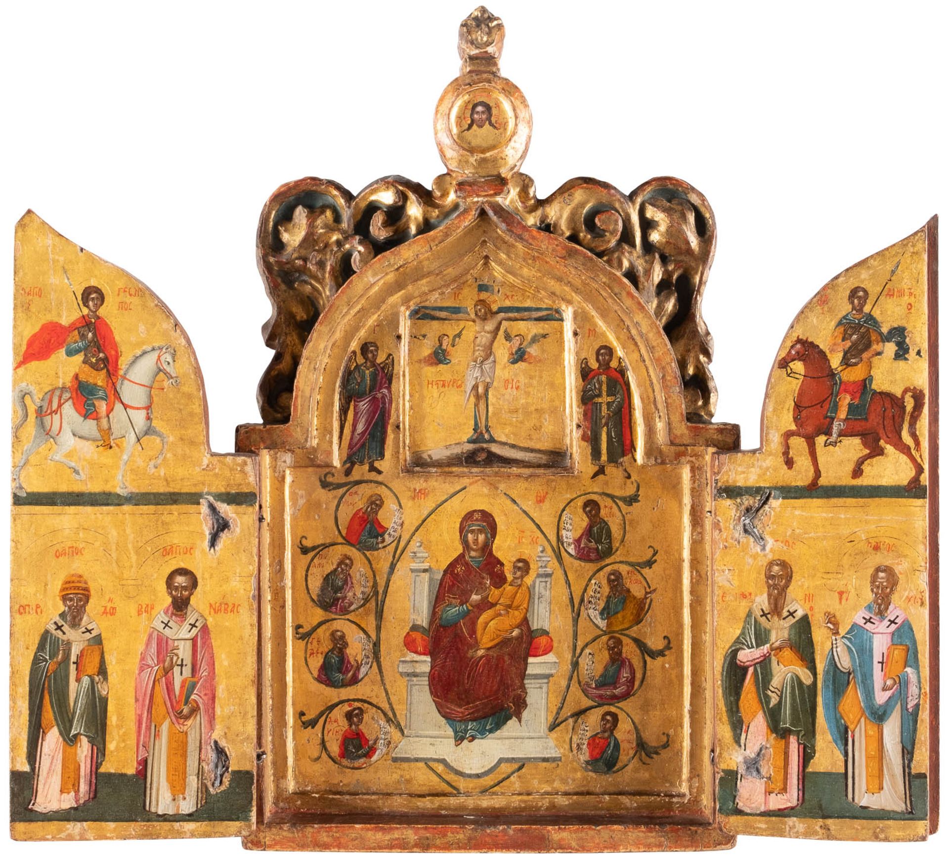 SEHR FEINES TRIPTYCHON MIT DER KREUZIGUNG CHRISTI, DER THRONENDEN GOTTESMUTTER, PROPHETEN UND - Bild 2 aus 3