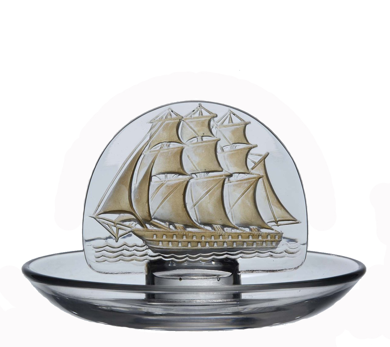 Rene Lalique (1860 ~ 1945) Caravelle, clear glass pin tray with plaque of a sailing boat