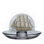 Rene Lalique (1860 ~ 1945) Caravelle, clear glass pin tray with plaque of a sailing boat