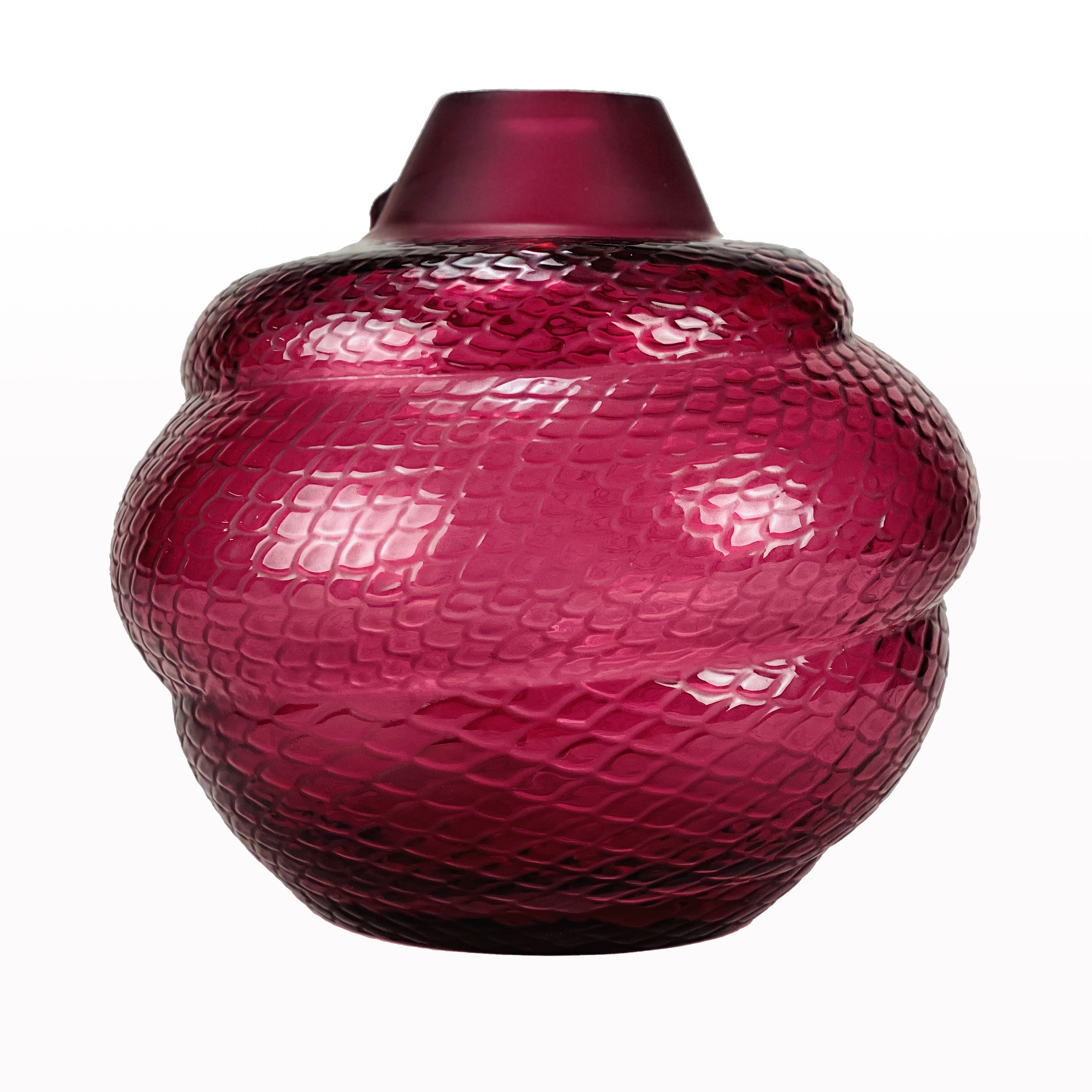 Lalique Glass Serpent Vase, deep red crystal glass vase adorned with a coiled serpent, signed - Image 2 of 3