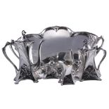 WMF 4 piece tea and coffee set on tray. Silver plate on pewter and brass. Design no. 358.