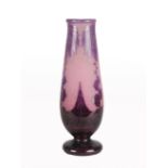 Le Verre Francais - Art Deco French large cameo glass vase with purple Dahlias on a pink background.