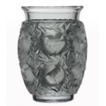 Lalique Glass Bagatelle Vase, clear and frosted glass with sparrows among leafy branches, signed