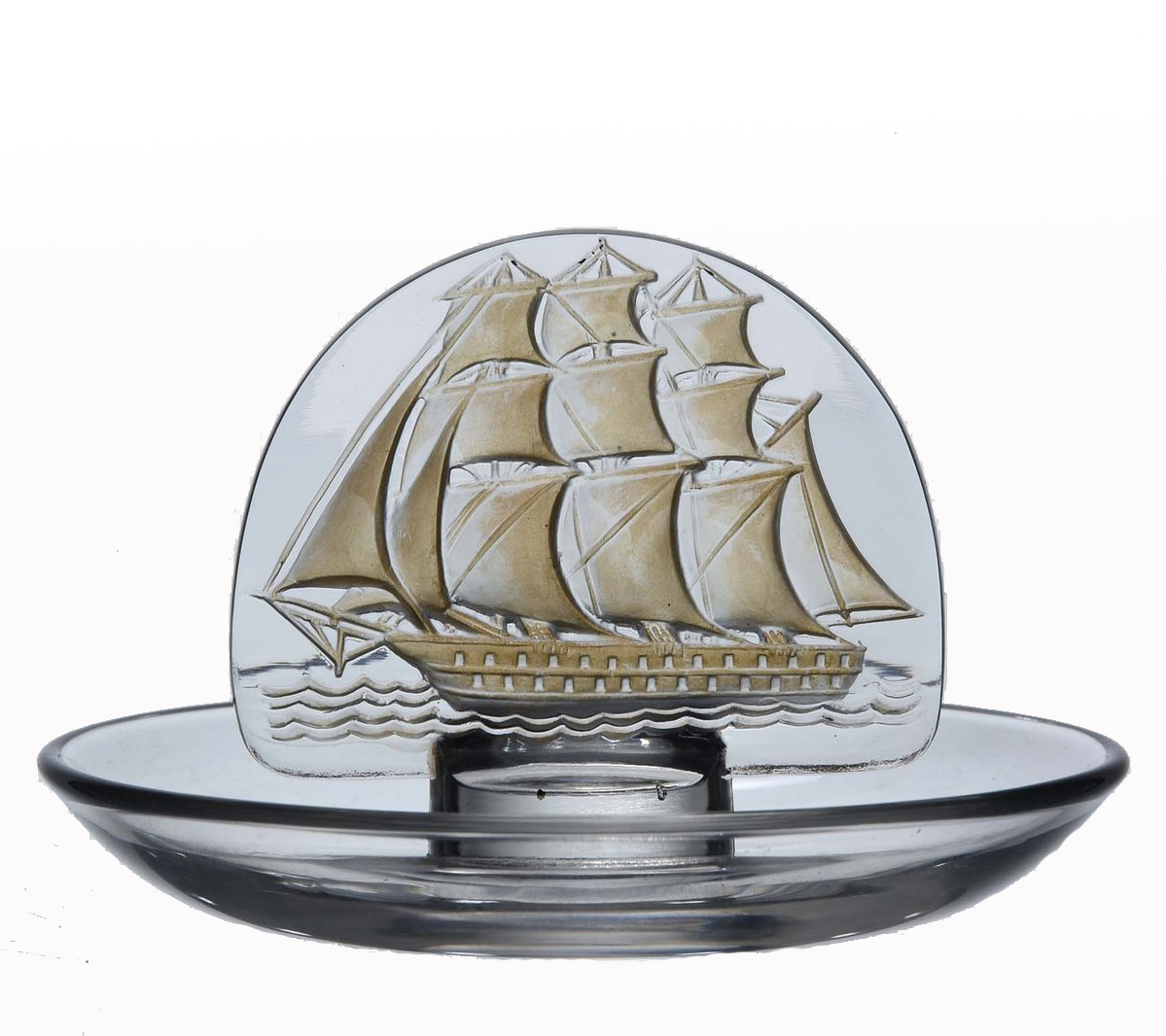 Rene Lalique (1860 ~ 1945) Caravelle, clear glass pin tray with plaque of a sailing boat - Image 2 of 3