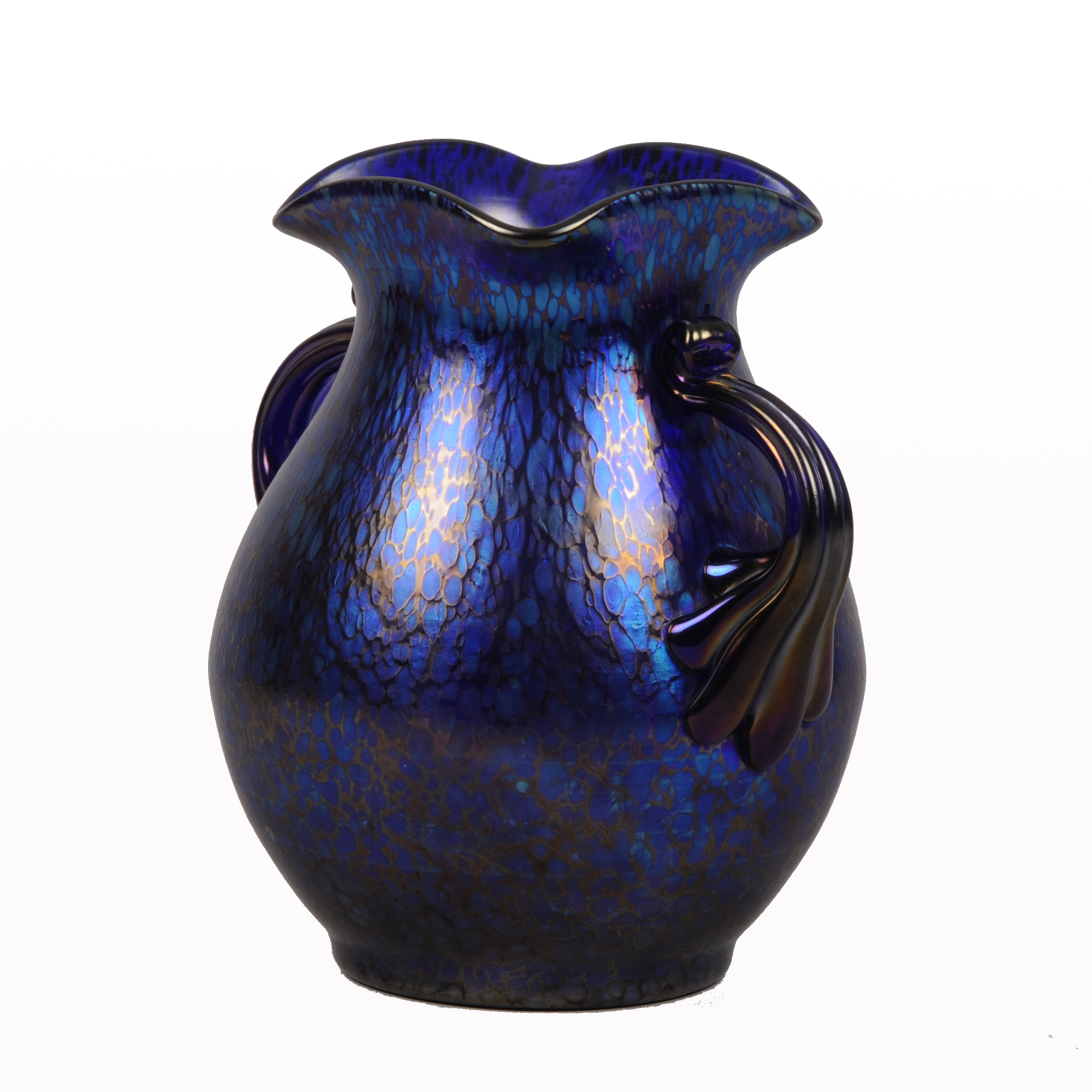 Loetz glassworks Twin handled blue glass Art Nouveau vase with iridescent petrol blue surface. - Image 2 of 3