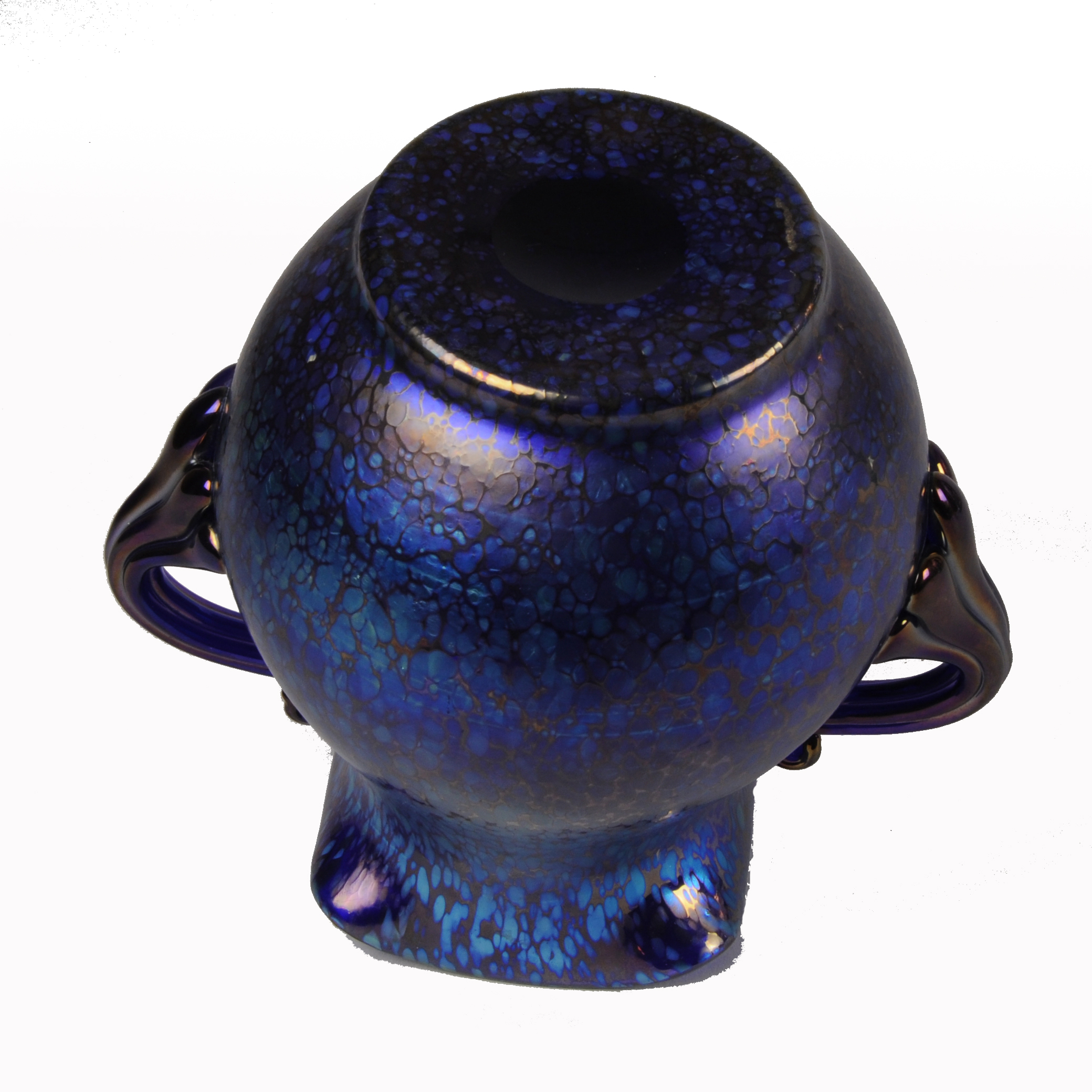 Loetz glassworks Twin handled blue glass Art Nouveau vase with iridescent petrol blue surface. - Image 3 of 3