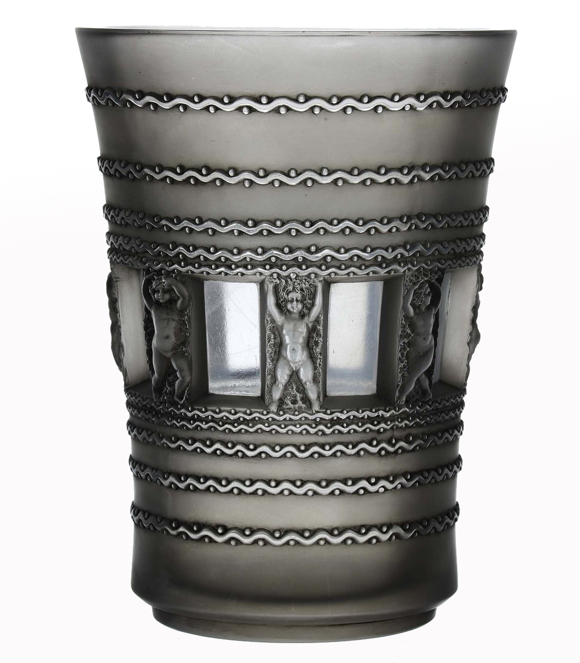 Rene Lalique (1860 ~ 1945) Florence Vase, grey frosted glass with putti in individual panels. Signed - Image 2 of 3