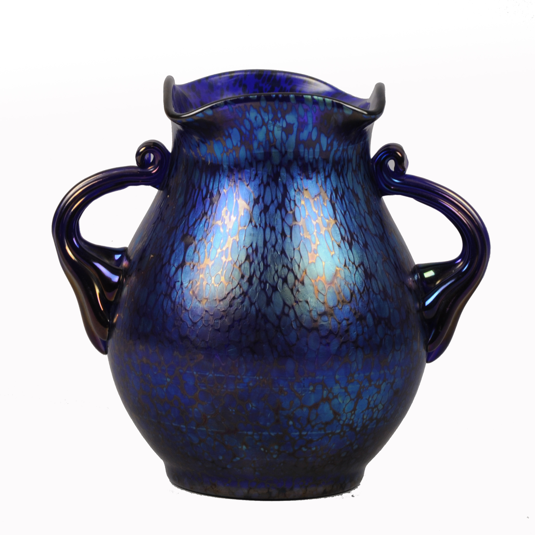 Loetz glassworks Twin handled blue glass Art Nouveau vase with iridescent petrol blue surface.