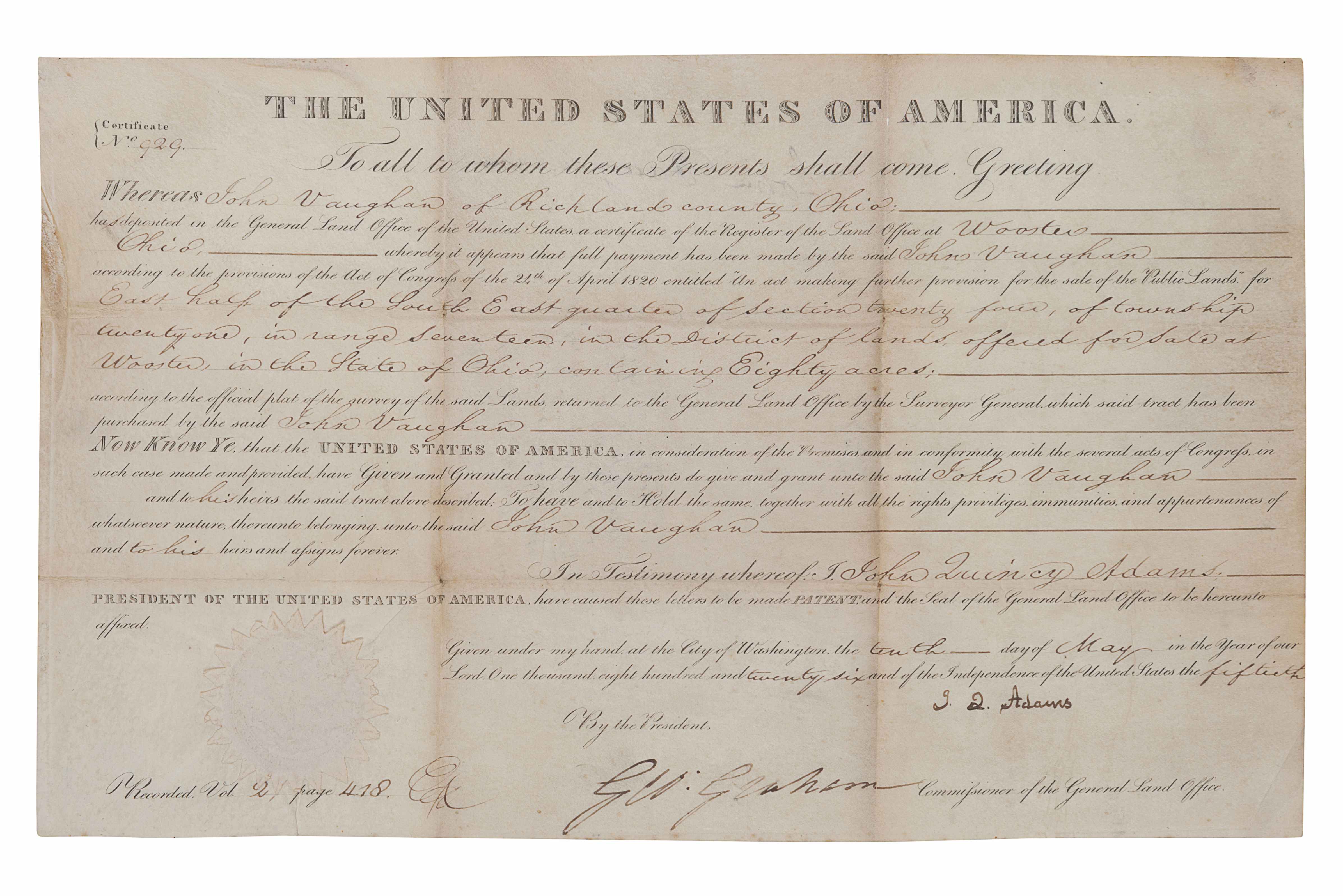 ADAMS, John Quincy (1767-1848).   Engraved document signed as President ( "J. Q. Adams"), countersig