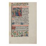 [ILLUMINATED MANUSCRIPTS]. Leaf from a Book of Hours with historiated initial "S" on recto depictin