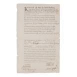 [PRIVATEERS]. Partly printed document accomplished in manuscript, signed by Andrew Giddinge and Will
