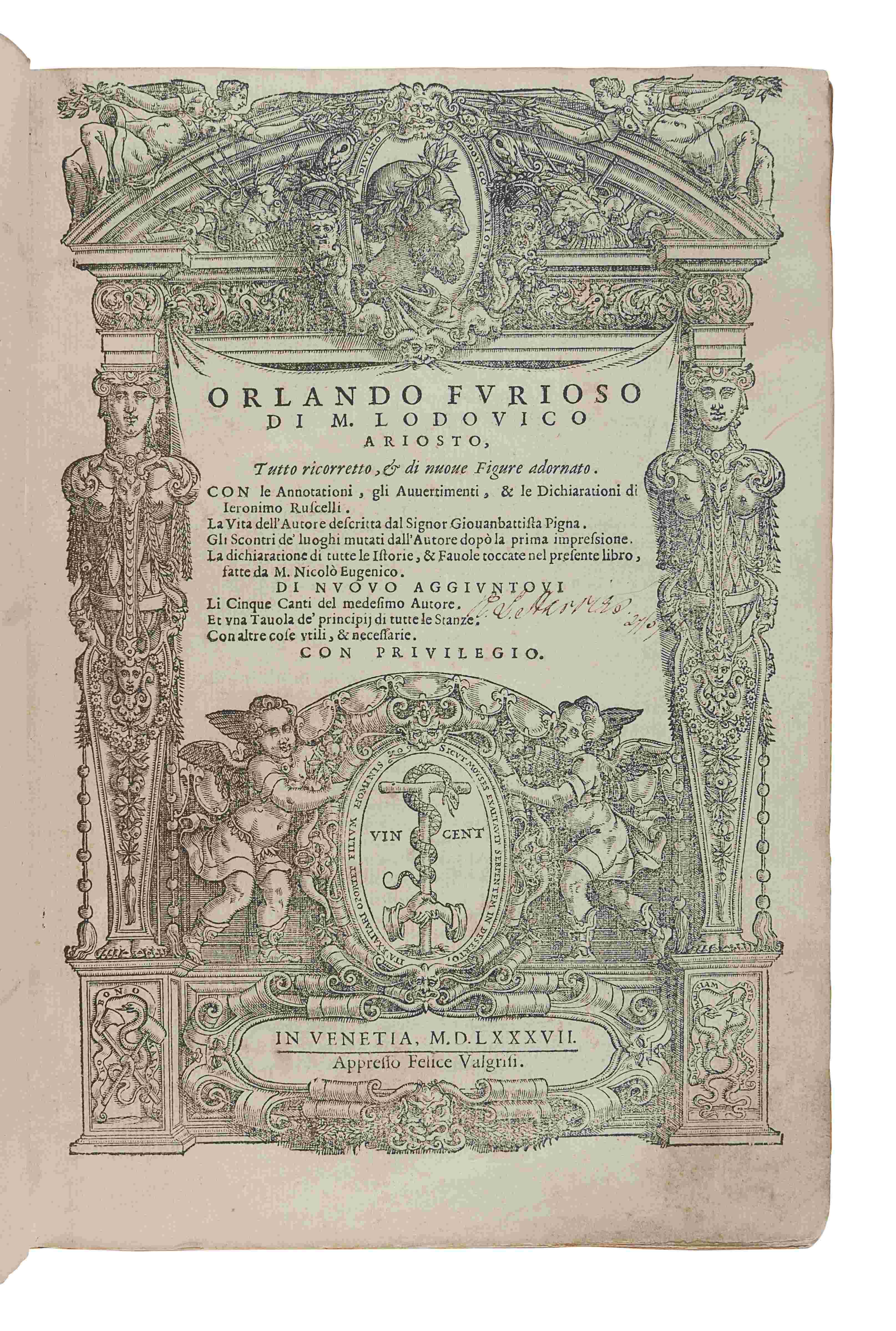 ARIOSTO, Ludovico (1474-1533).   Orlando furioso. Venice: Felice Valgrisi, 1587.