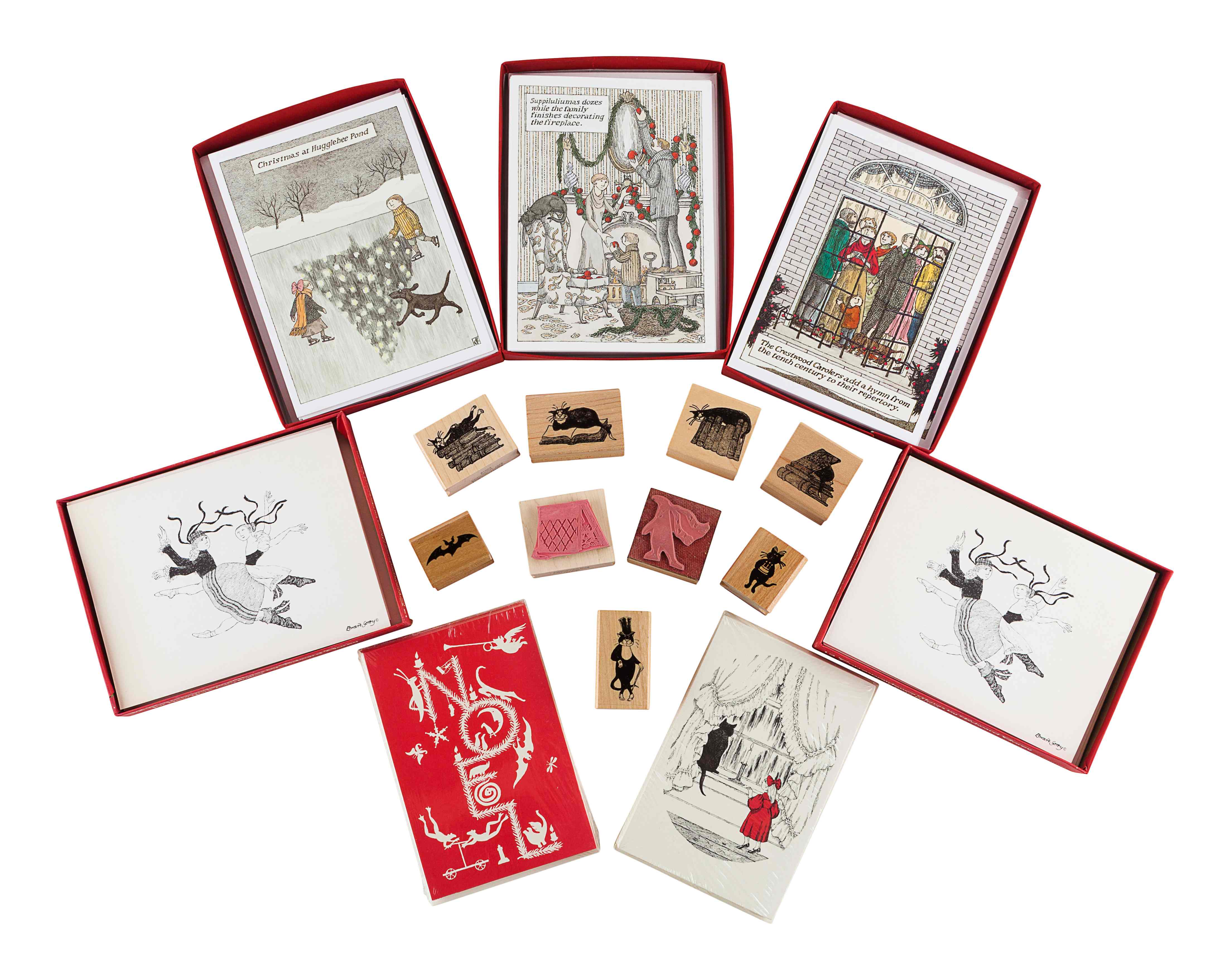 [GOREY MISCELLANY - STATIONERY]. A group of Christmas and greeting cards and rubber stamps, comprisi