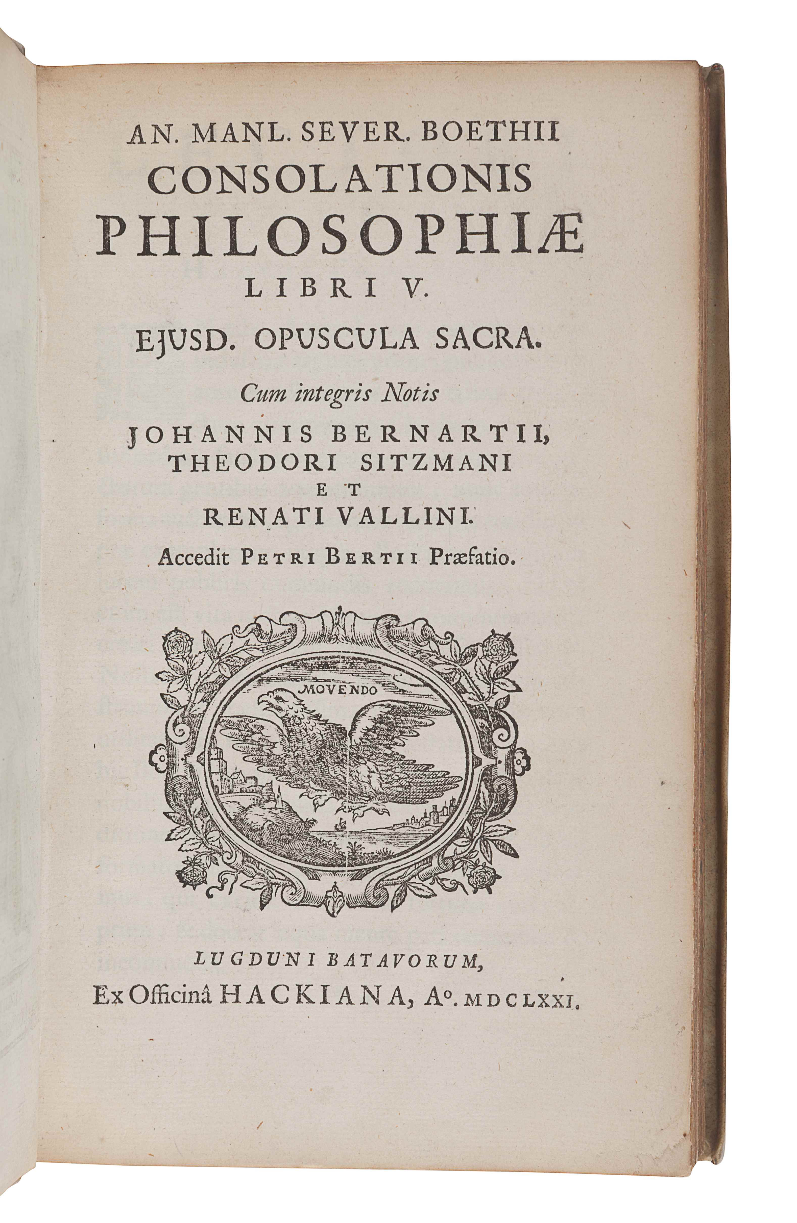 BOETHIUS, Anicius Manlius Torquatus Severinus (480?-524?). Consolationis Philosophiae Libri V. Leide