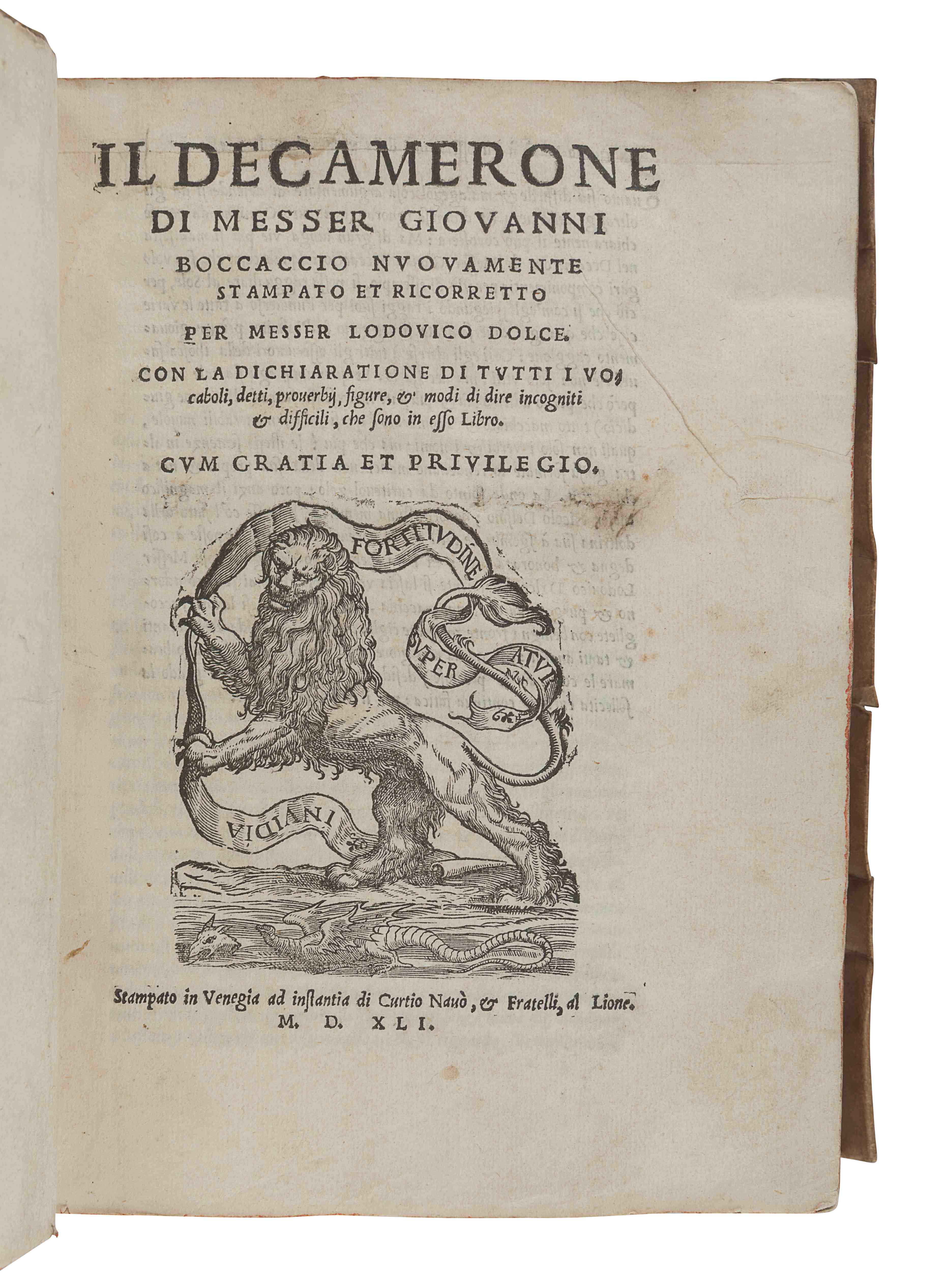 BOCCACCIO, Giovanni (1313-1375). Il Decamerone novissimamente alla sua vera e sana lettione ridotto.