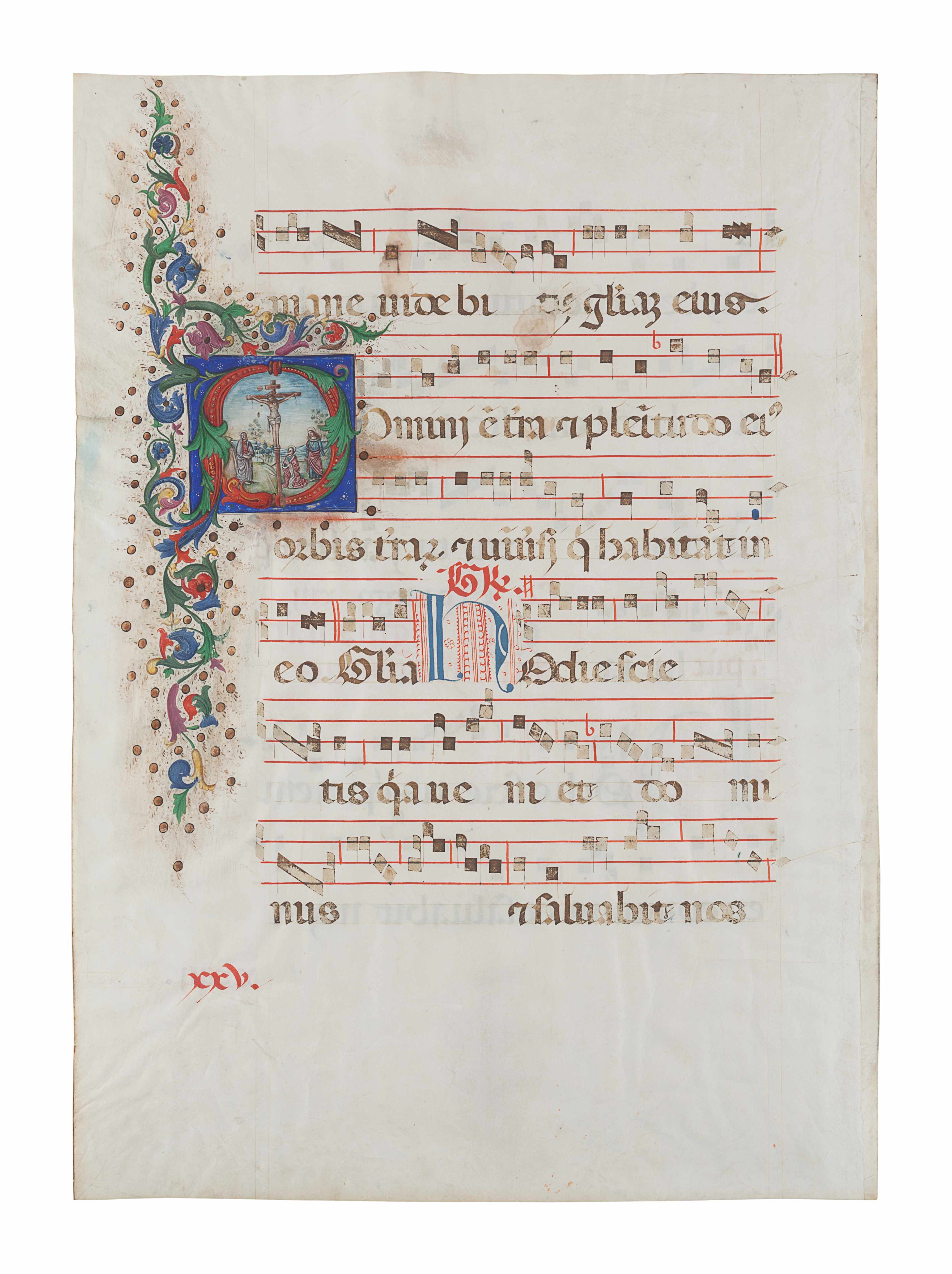 [ILLUMINATED MANUSCRIPTS]. Antiphonal leaf with large historiated initial "D" on verso depicting th