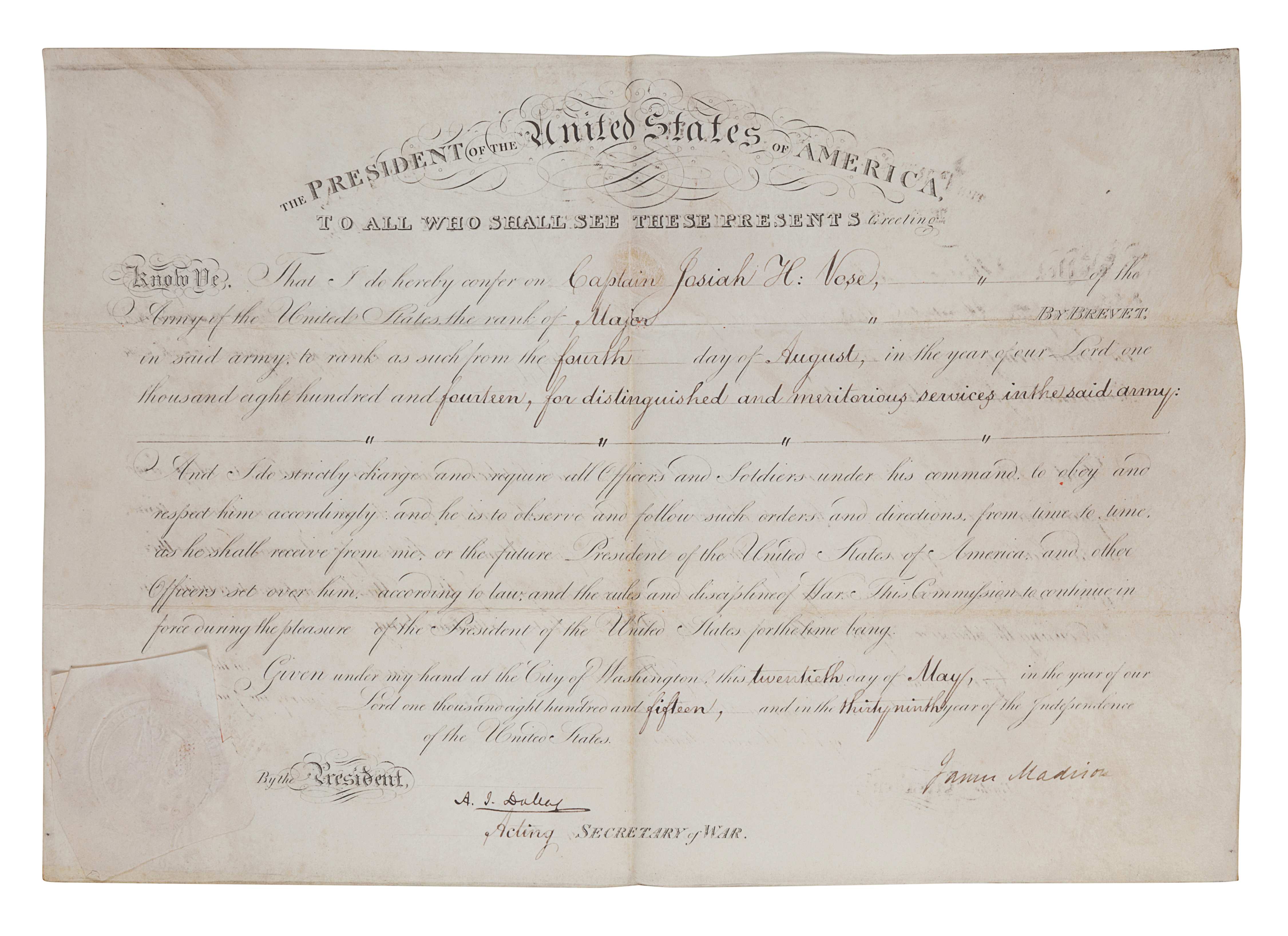 MADISON, James (1751-1836). Engraved document signed as President ( "James Madison"), countersigned