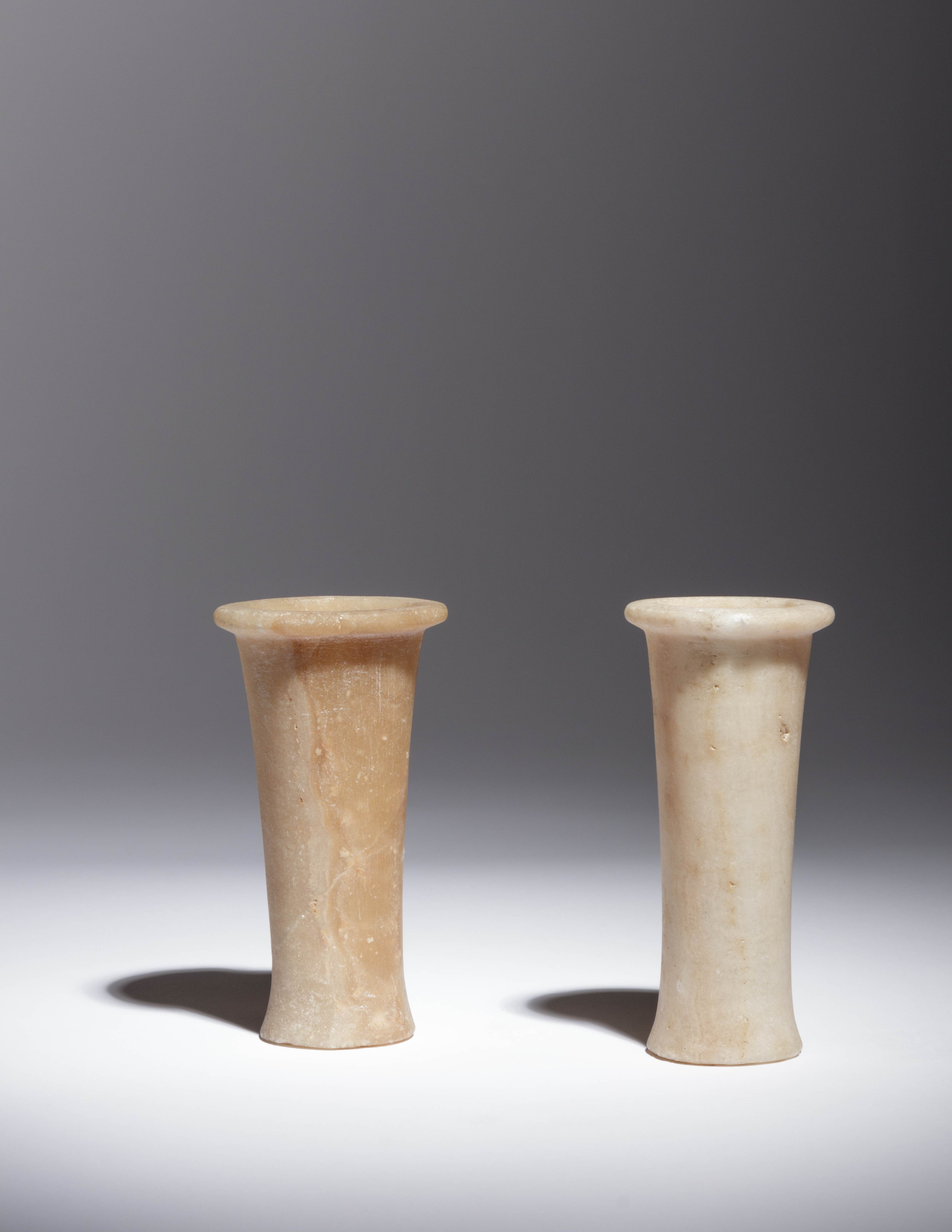 Two Egyptian Alabaster Columnar Vessels Height of