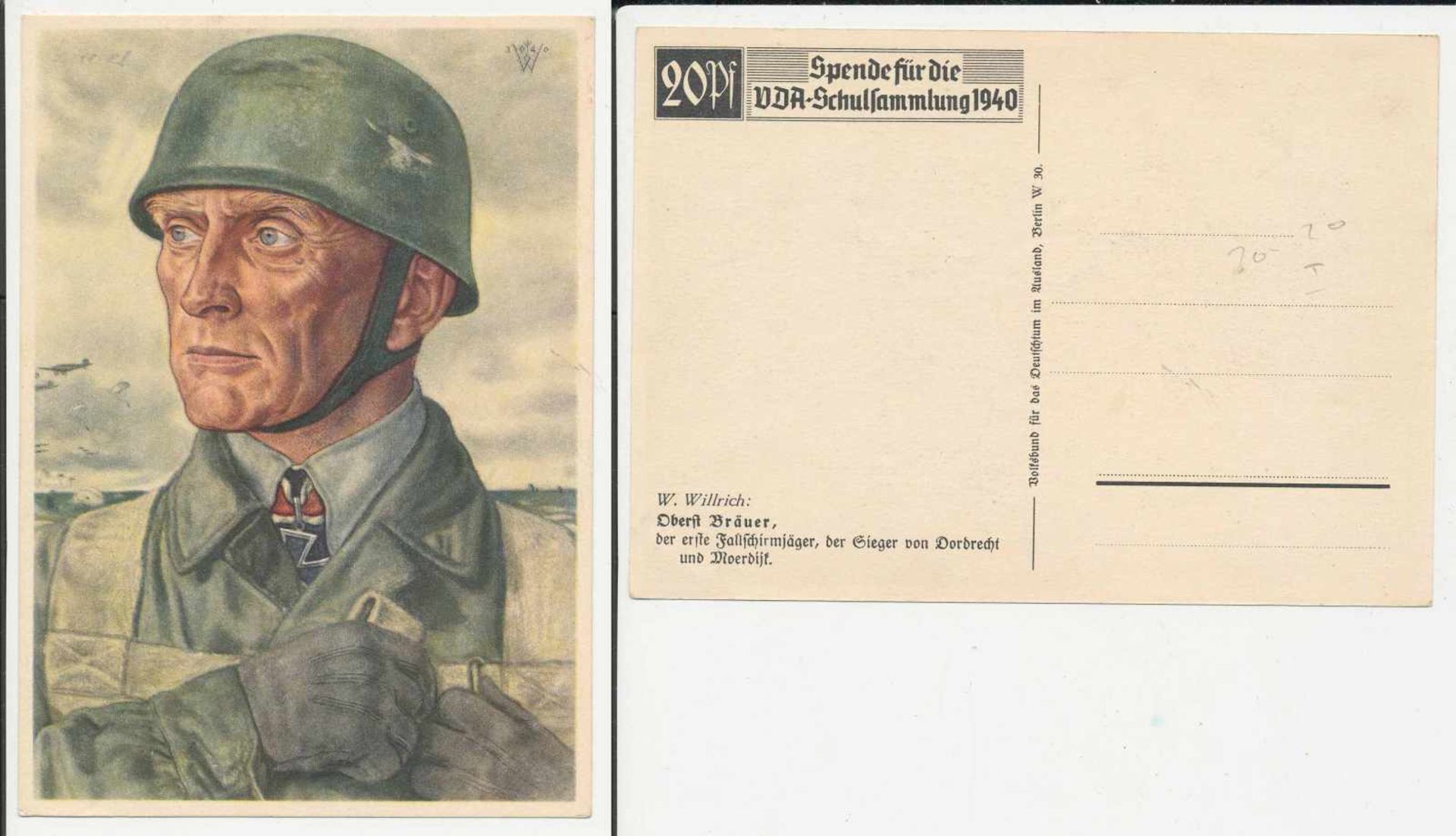 1 Postkarte, großes Format, col., Oberst Bräuer, W. Willrich, VDA, Schulsammlung, ungelaufen,
