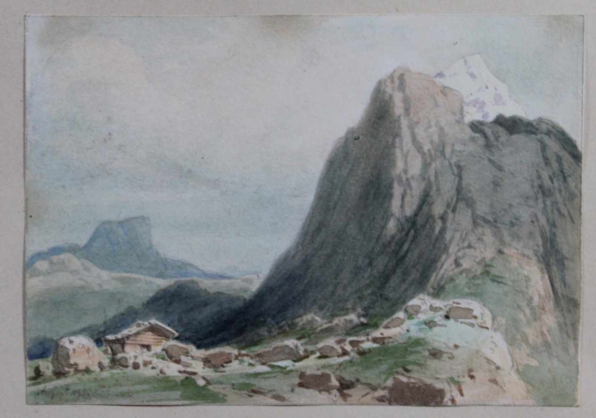 1 kleines Aquarell "Berglandschaft mit Berghütte", links unten unleserlich signiert, da verblasst,