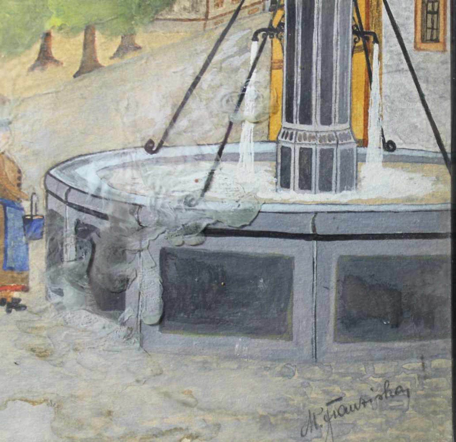 1 kleines Aquarell in schwarzer Leiste "Stadansicht mit Brunnen", rechts unten signiert, ca. 22cm - Image 2 of 2
