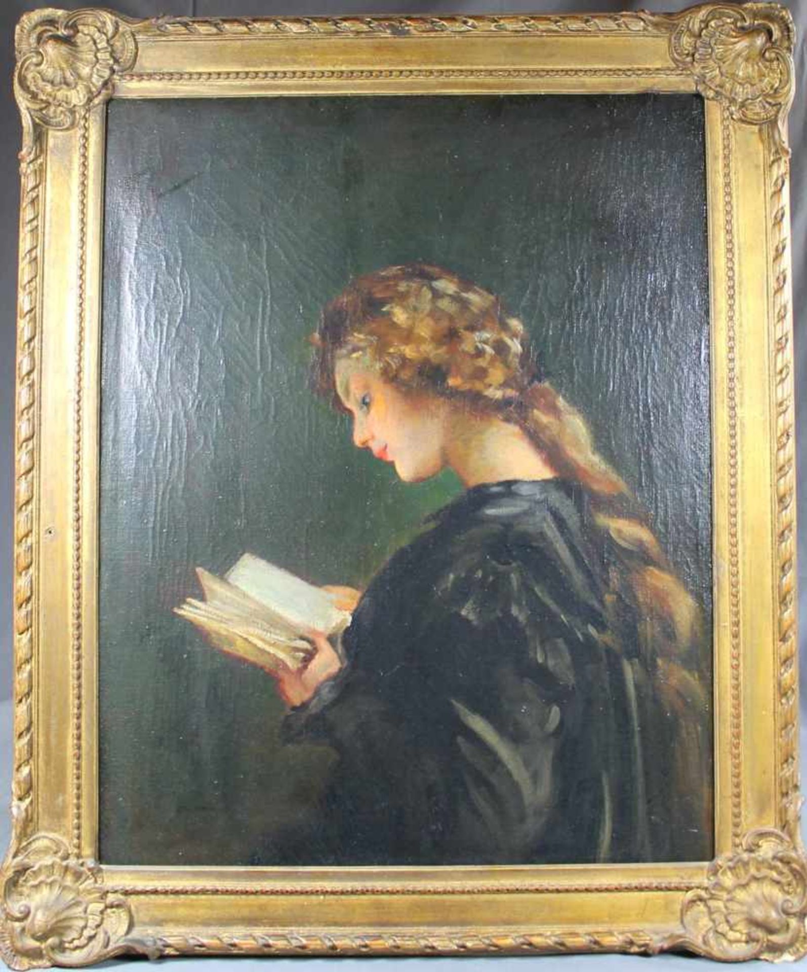 1 altes Ölbild auf Leinwand "lesendes Mädchen", keine Signatur erkennbar, ca. 58cm x 45cm (