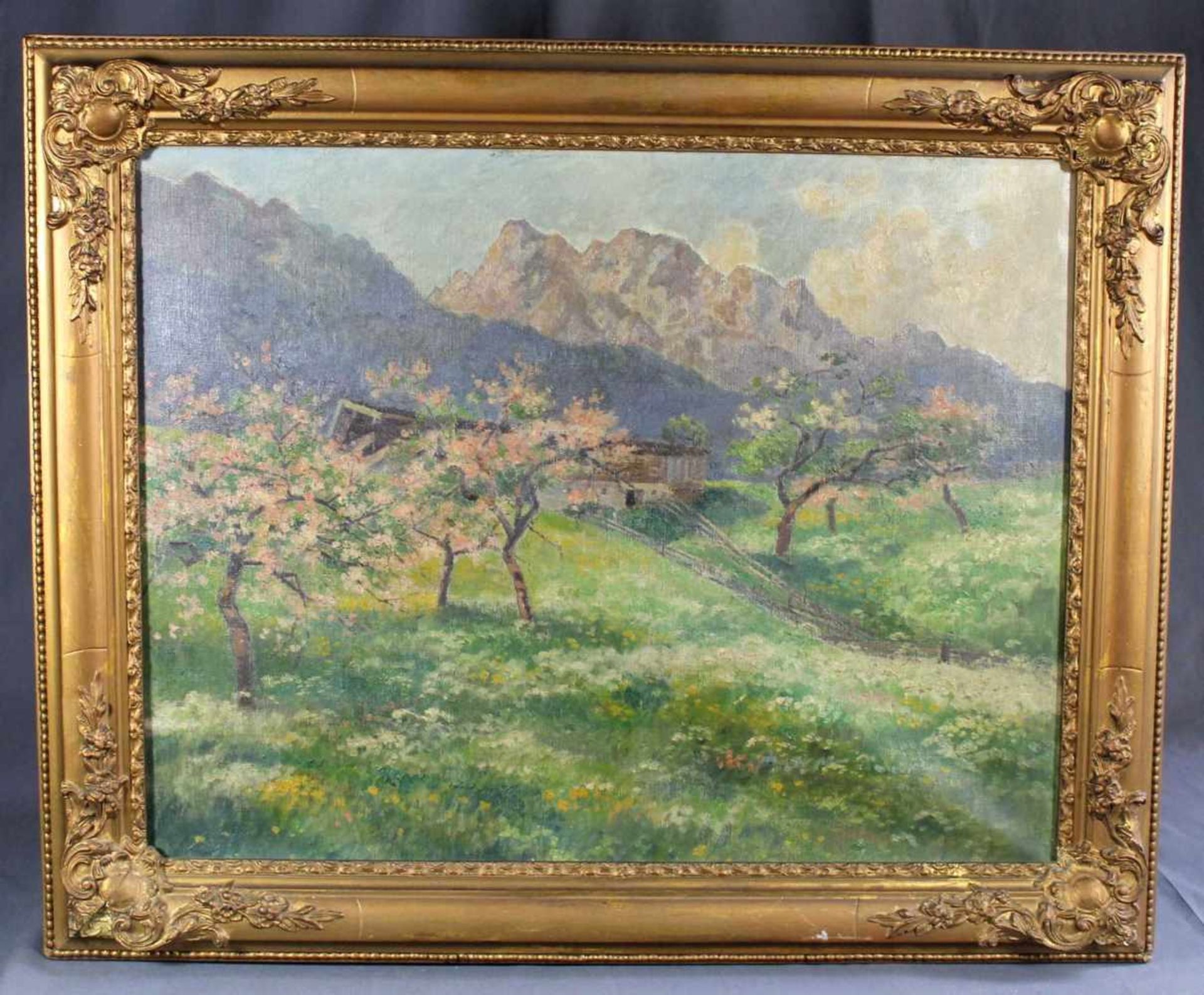 1 Ölbild auf Leinwand "Berglandschaft im Frühling", keine Signatur erkennbar, Leinwand muss neu